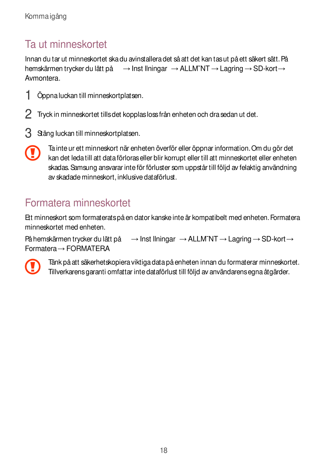 Samsung SM-T705NTSANEE, SM-T805NTSANEE, SM-T705NLSANEE, SM-T705NHAANEE manual Ta ut minneskortet, Formatera minneskortet 