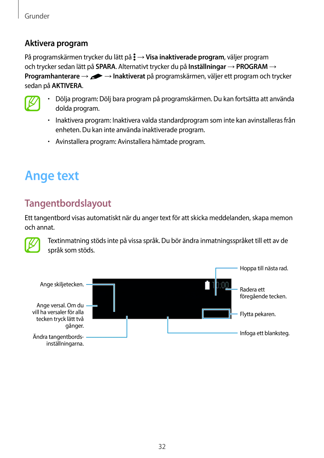 Samsung SM-T805NLSANEE, SM-T705NTSANEE, SM-T805NTSANEE, SM-T705NLSANEE manual Ange text, Tangentbordslayout, Aktivera program 