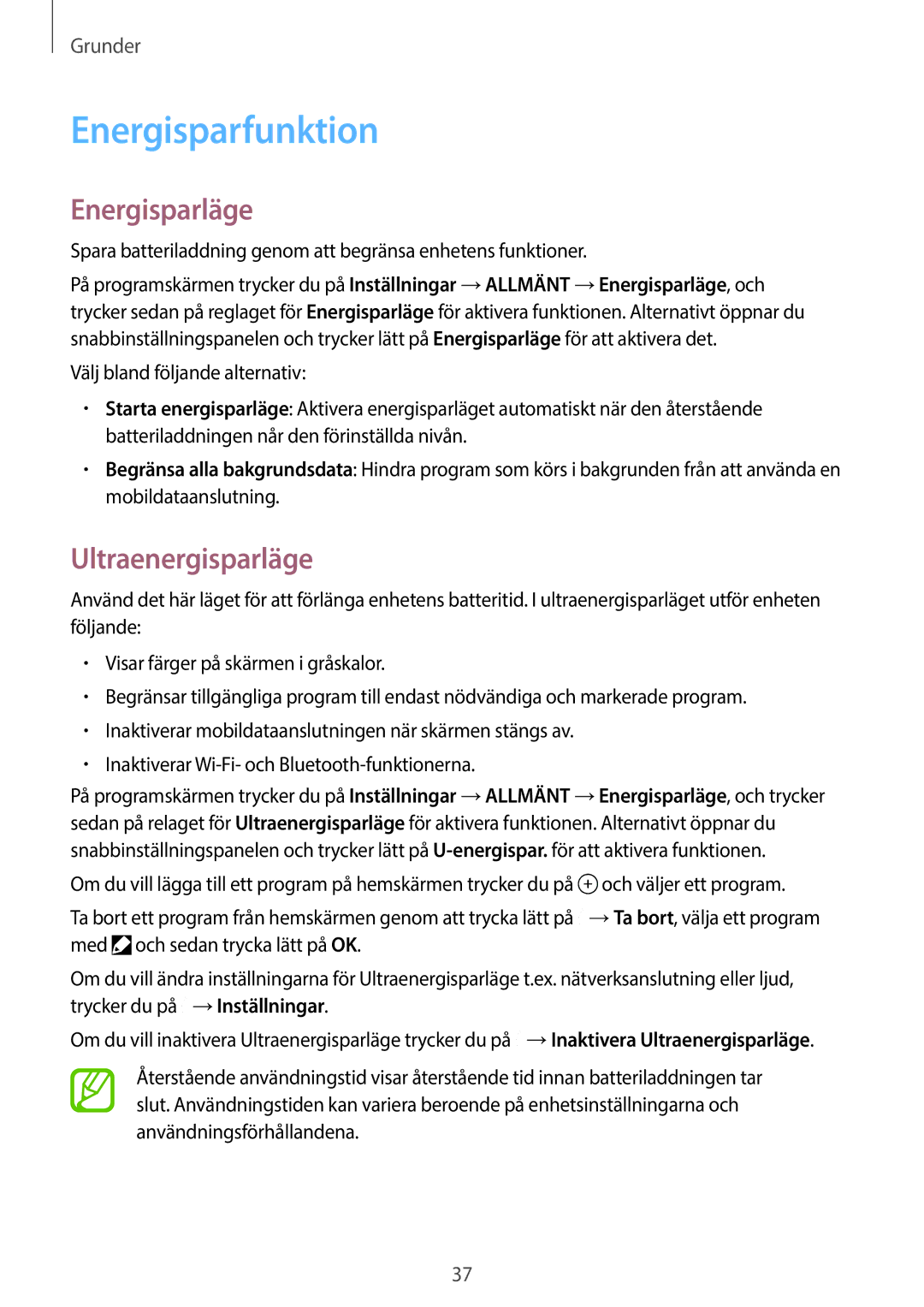 Samsung SM-T805NTSANEE, SM-T705NTSANEE, SM-T705NLSANEE manual Energisparfunktion, Energisparläge, Ultraenergisparläge 