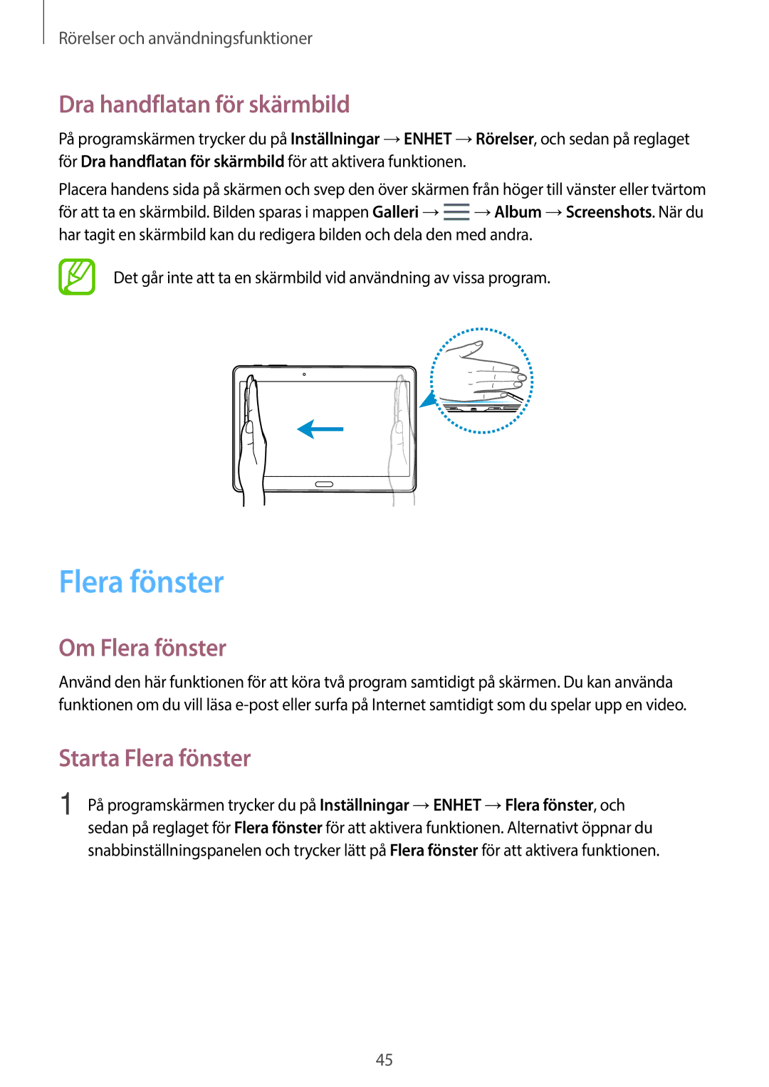 Samsung SM-T705NTSANEE, SM-T805NTSANEE manual Dra handflatan för skärmbild, Om Flera fönster, Starta Flera fönster 