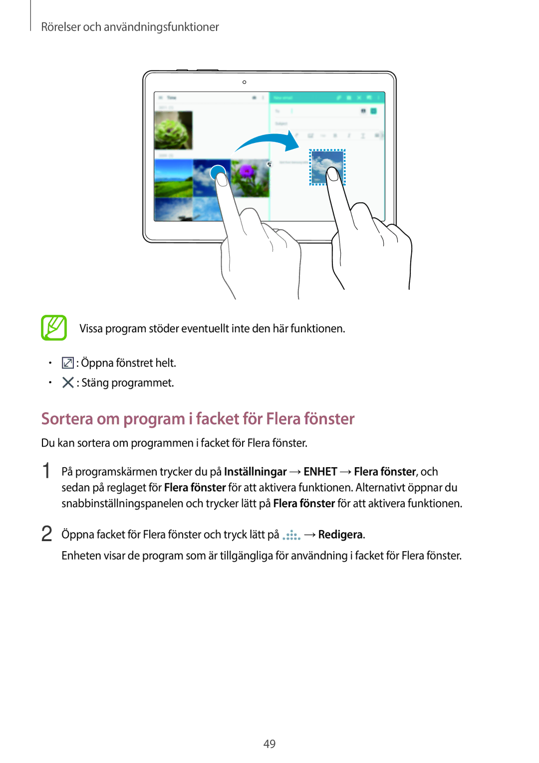 Samsung SM-T805NTSENEE, SM-T705NTSANEE, SM-T805NTSANEE manual Sortera om program i facket för Flera fönster, →Redigera 