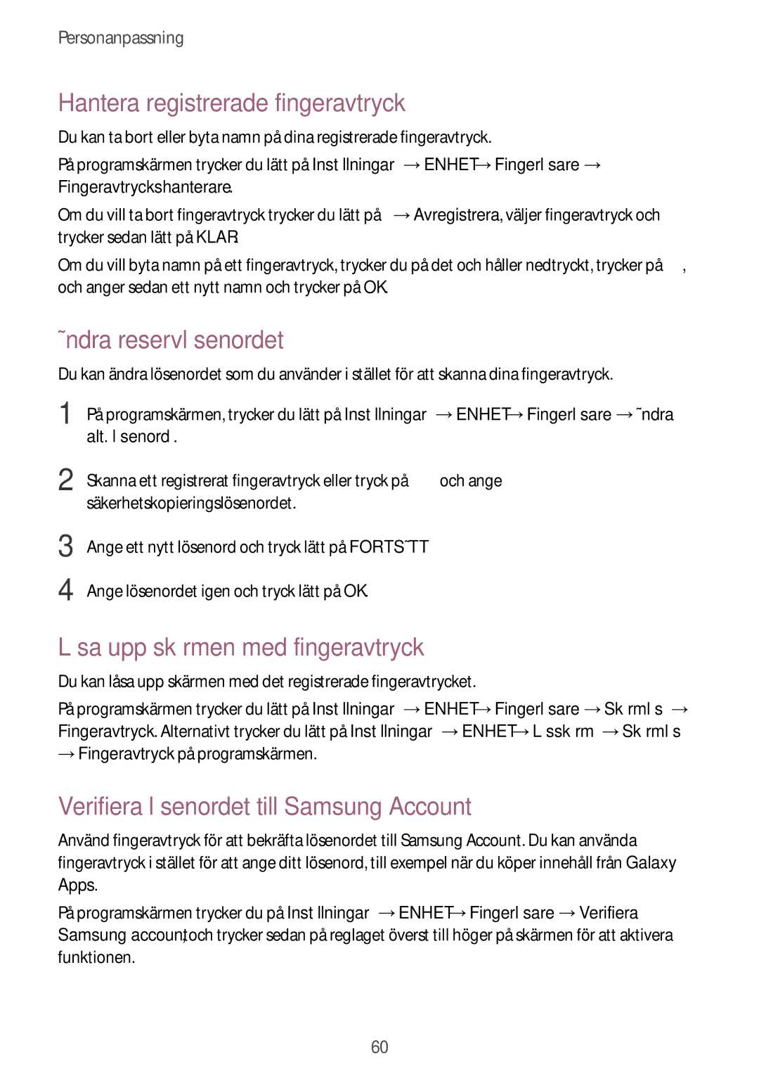 Samsung SM-T805NZWANEE Hantera registrerade fingeravtryck, Ändra reservlösenordet, Låsa upp skärmen med fingeravtryck 