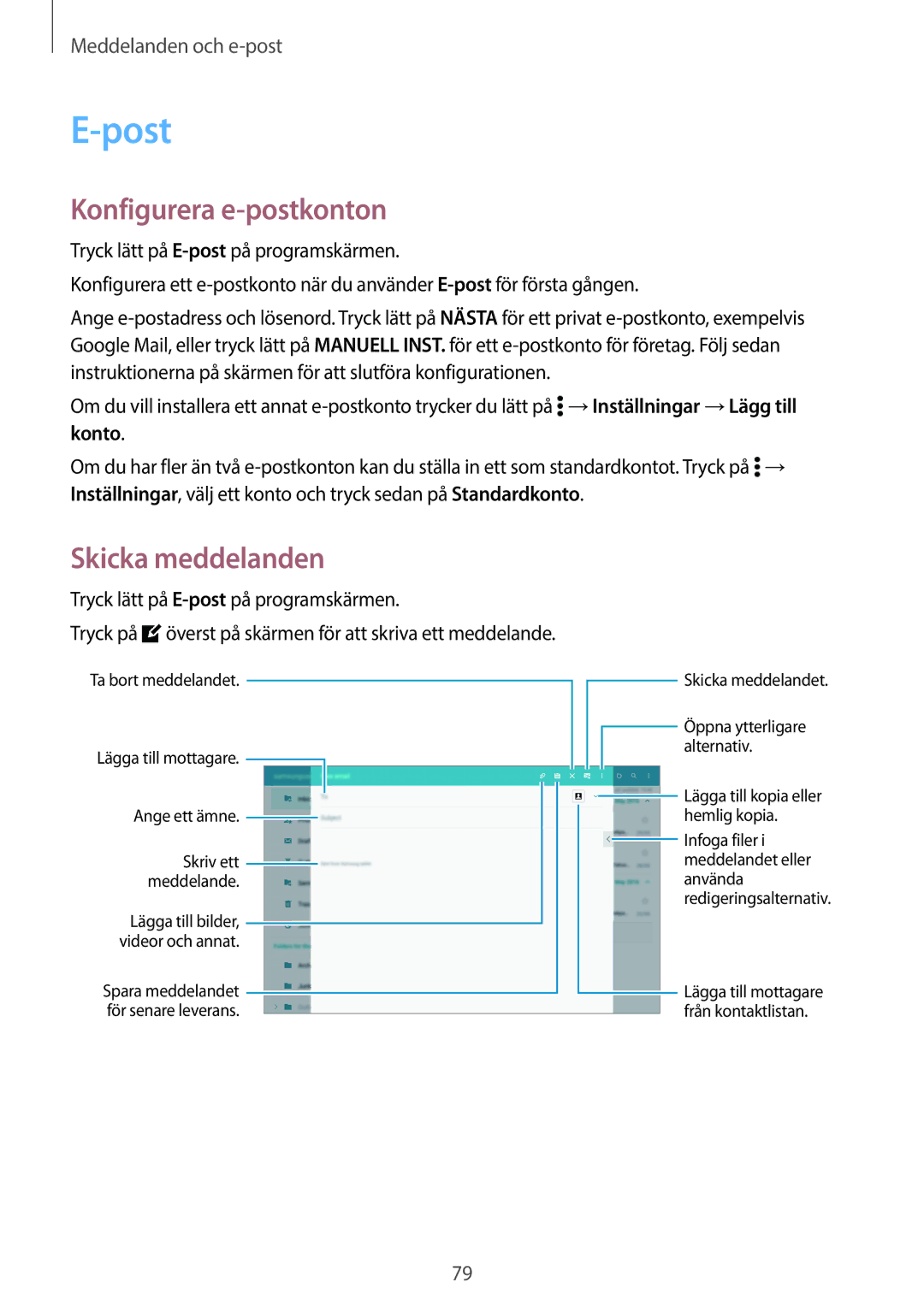 Samsung SM-T705NZWANEE, SM-T705NTSANEE, SM-T805NTSANEE, SM-T705NLSANEE, SM-T705NHAANEE manual Post, Konfigurera e-postkonton 