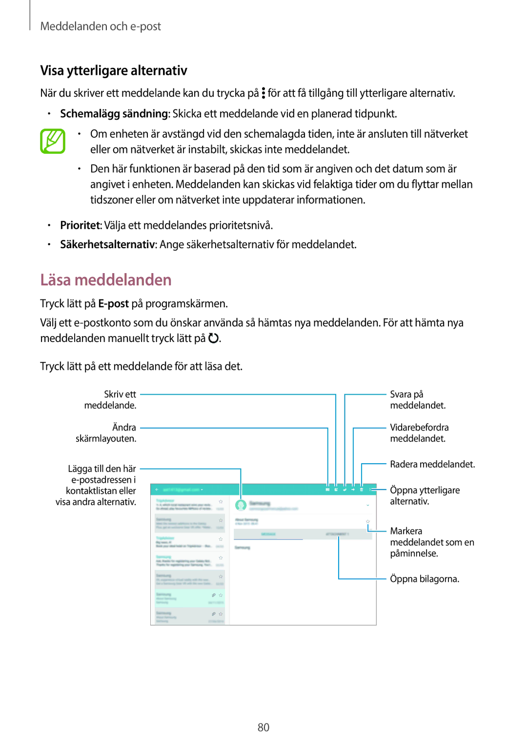 Samsung SM-T805NHAANEE, SM-T705NTSANEE, SM-T805NTSANEE, SM-T705NLSANEE manual Läsa meddelanden, Visa ytterligare alternativ 