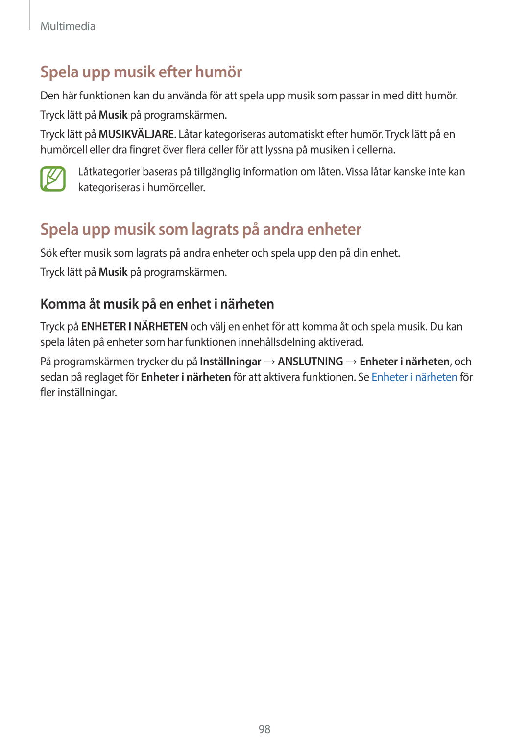 Samsung SM-T805NHAANEE, SM-T705NTSANEE manual Spela upp musik efter humör, Spela upp musik som lagrats på andra enheter 