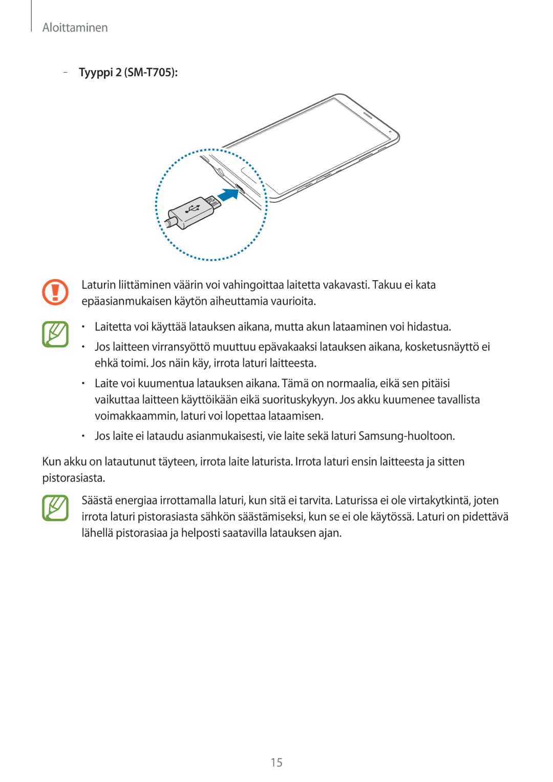 Samsung SM-T805NZWANEE, SM-T705NTSANEE, SM-T805NTSANEE, SM-T705NLSANEE, SM-T705NHAANEE, SM-T805NTSENEE manual Aloittaminen 