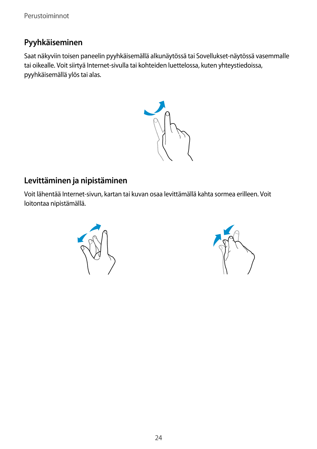 Samsung SM-T805NZWANEE, SM-T705NTSANEE, SM-T805NTSANEE, SM-T705NLSANEE manual Pyyhkäiseminen, Levittäminen ja nipistäminen 