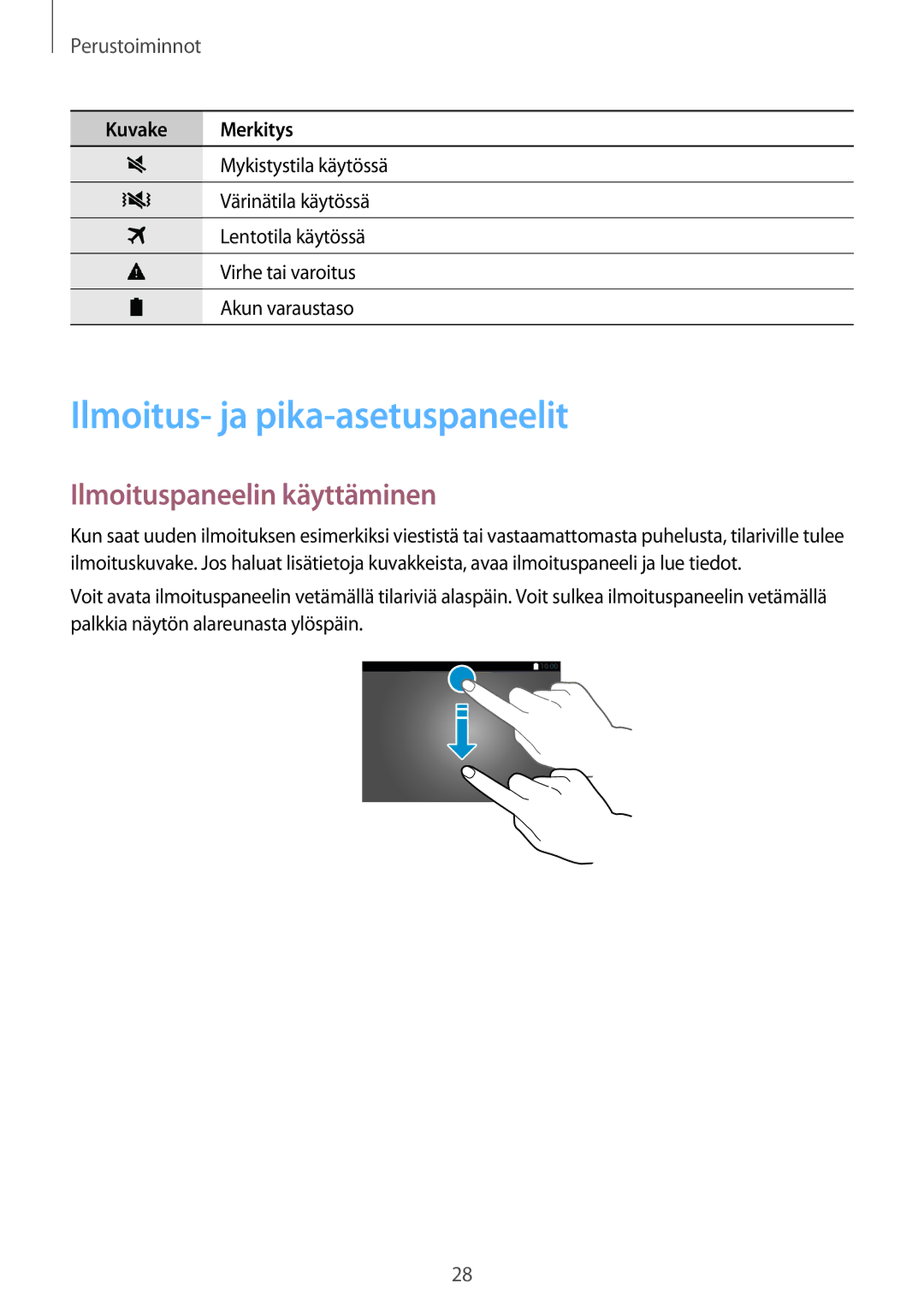 Samsung SM-T805NTSANEE, SM-T705NTSANEE, SM-T705NLSANEE manual Ilmoitus- ja pika-asetuspaneelit, Ilmoituspaneelin käyttäminen 