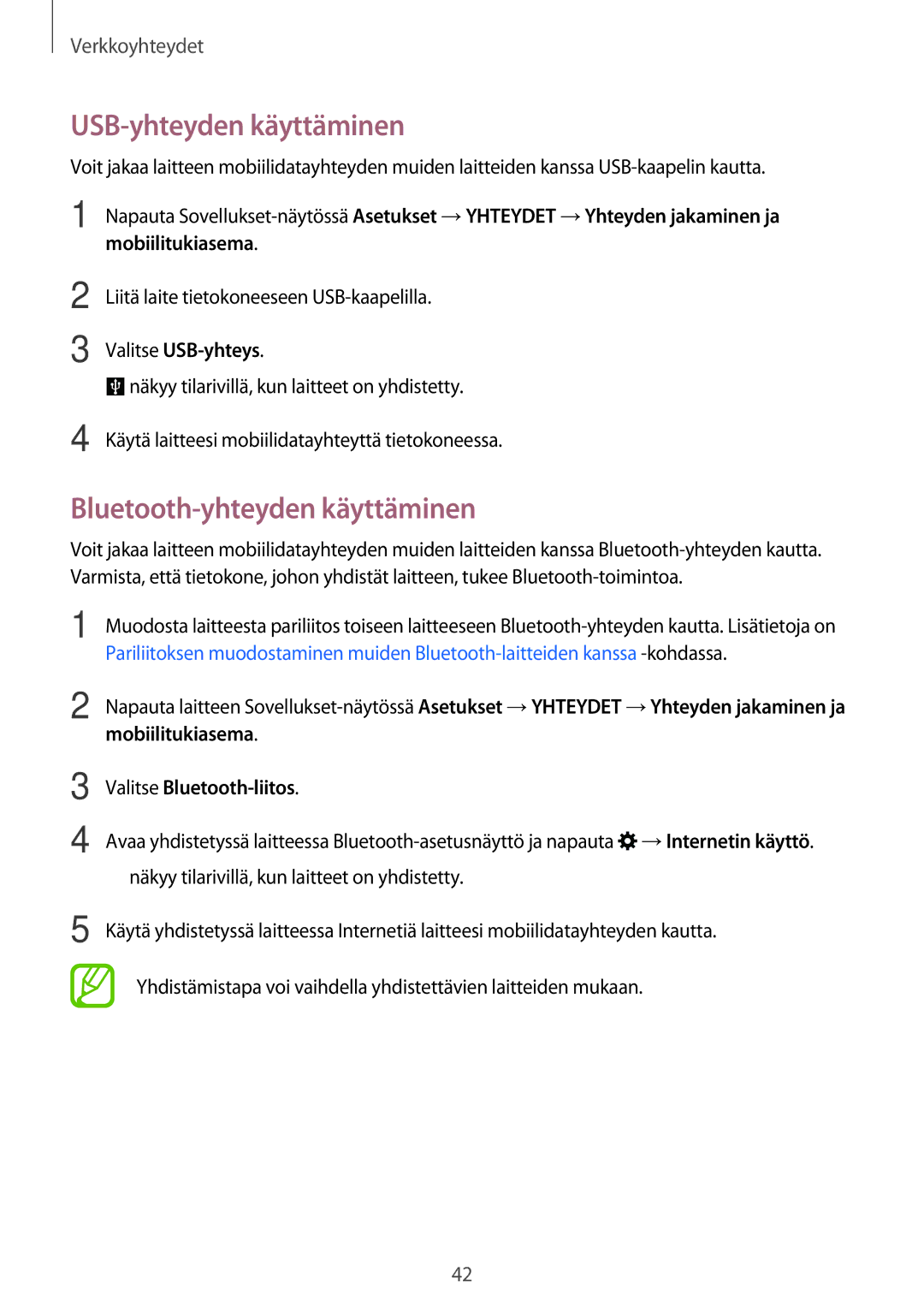 Samsung SM-T805NZWANEE, SM-T705NTSANEE manual USB-yhteyden käyttäminen, Bluetooth-yhteyden käyttäminen, Valitse USB-yhteys 