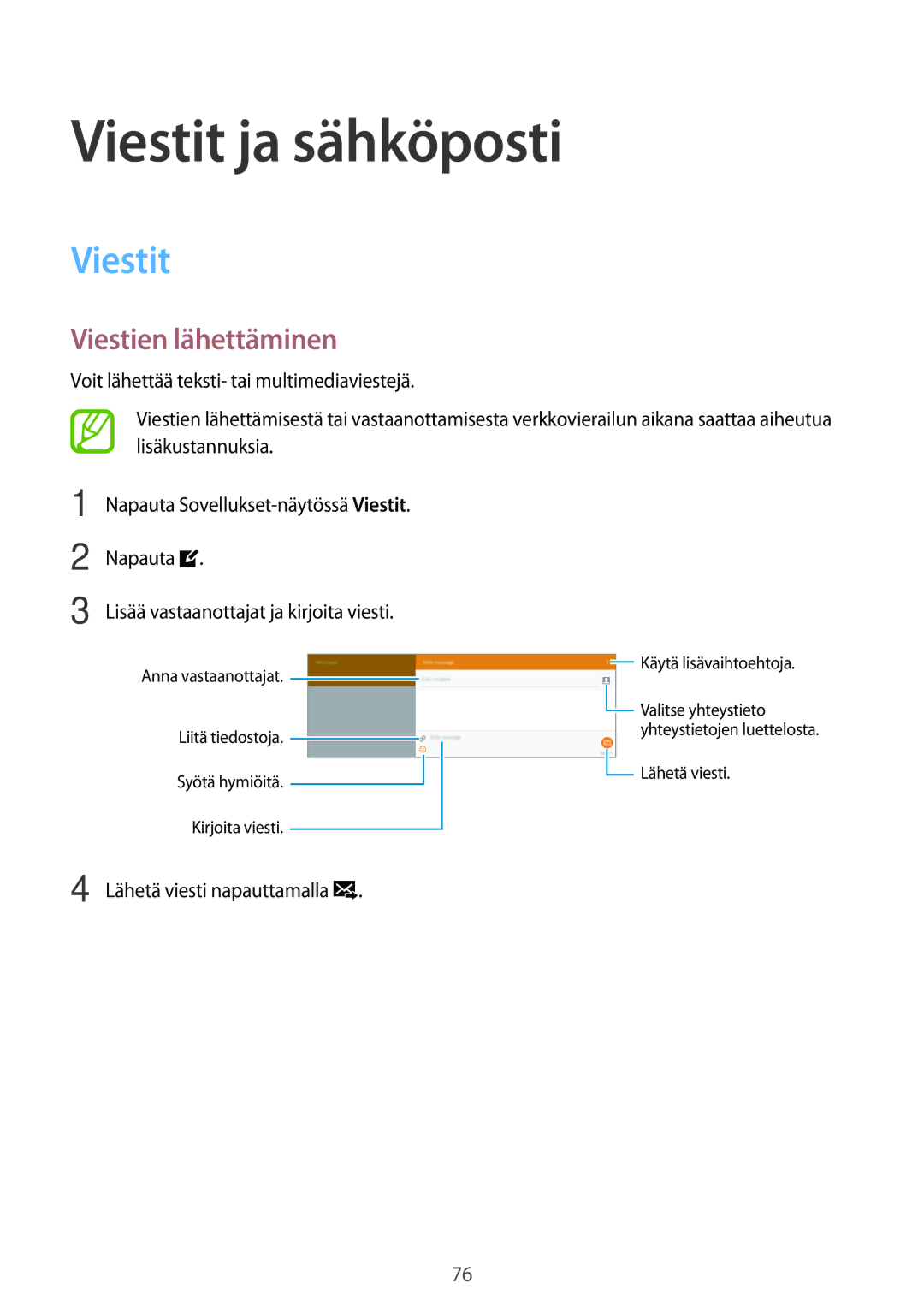 Samsung SM-T805NTSENEE Viestit ja sähköposti, Viestien lähettäminen, Napauta, Lisää vastaanottajat ja kirjoita viesti 