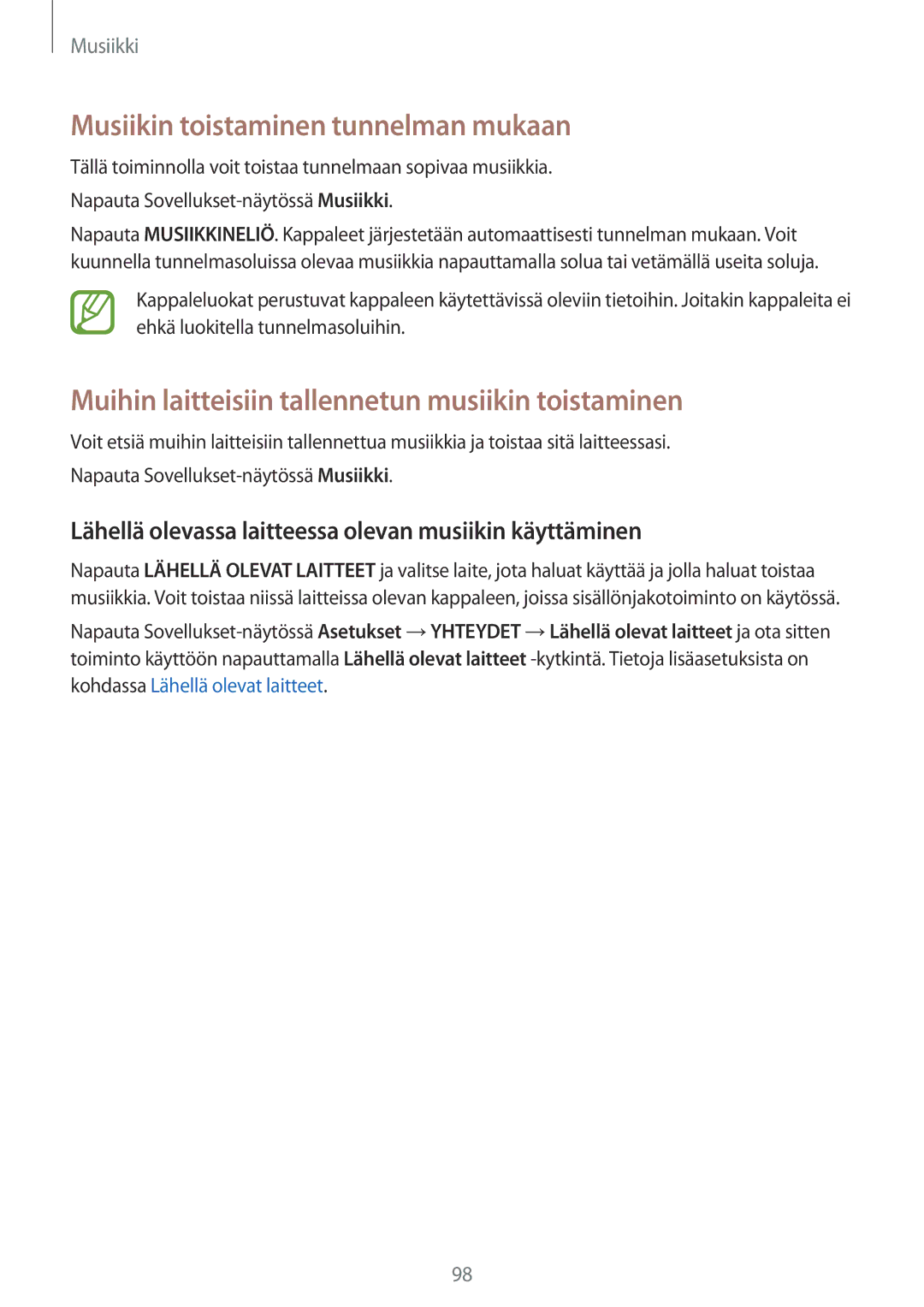 Samsung SM-T805NHAANEE manual Musiikin toistaminen tunnelman mukaan, Muihin laitteisiin tallennetun musiikin toistaminen 