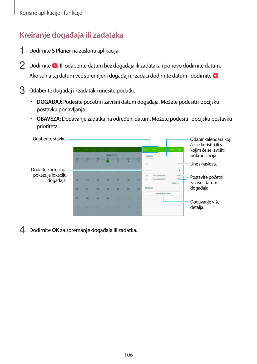 Samsung SM-T705NZWASEE, SM-T705NTSASEE, SM-T805NTSAVIP manual Kreiranje događaja ili zadataka, Planer na zaslonu aplikacija 