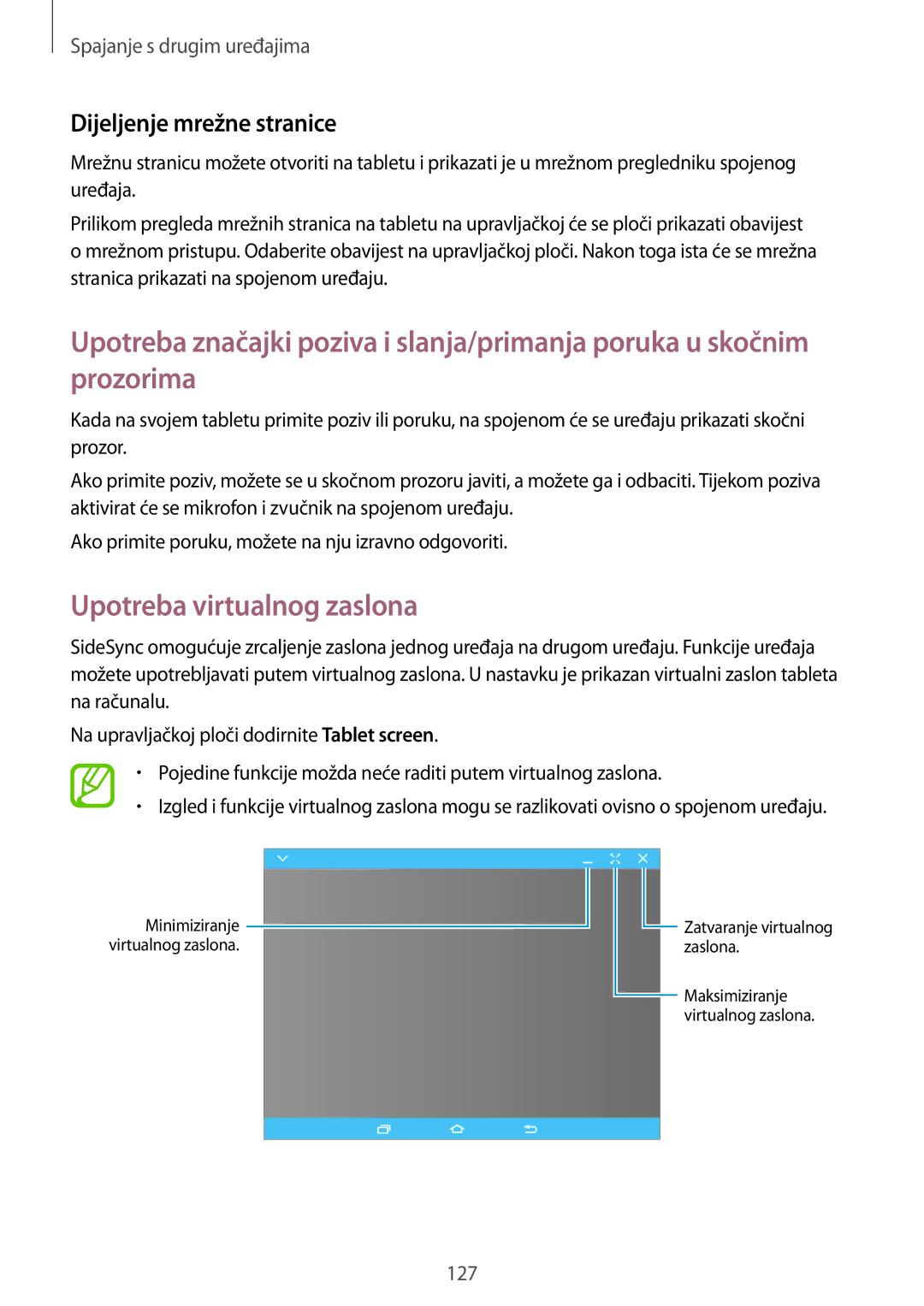 Samsung SM-T805NTSAVIP, SM-T705NTSASEE, SM-T705NZWASEE manual Upotreba virtualnog zaslona, Dijeljenje mrežne stranice 