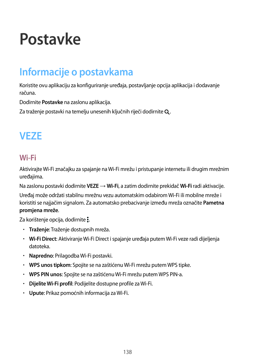 Samsung SM-T805NTSACRO, SM-T705NTSASEE, SM-T705NZWASEE, SM-T805NTSAVIP manual Postavke, Informacije o postavkama, Wi-Fi 