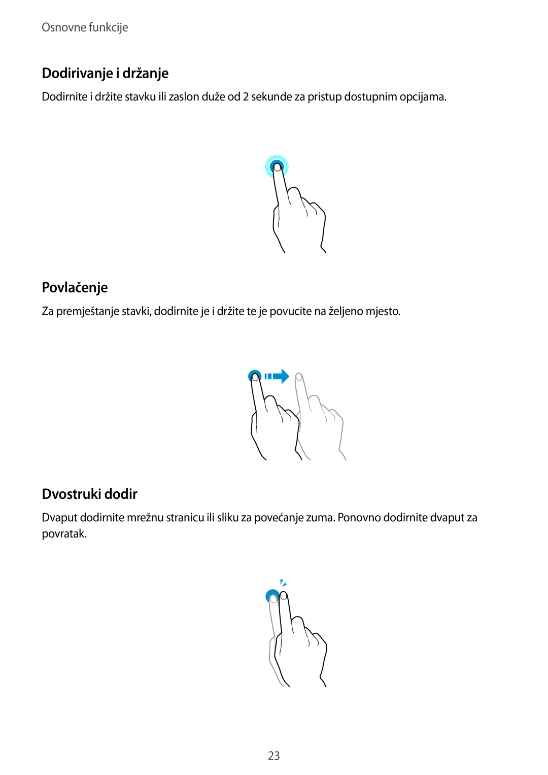 Samsung SM-T805NTSACRO, SM-T705NTSASEE, SM-T705NZWASEE, SM-T805NTSAVIP Dodirivanje i držanje, Povlačenje, Dvostruki dodir 
