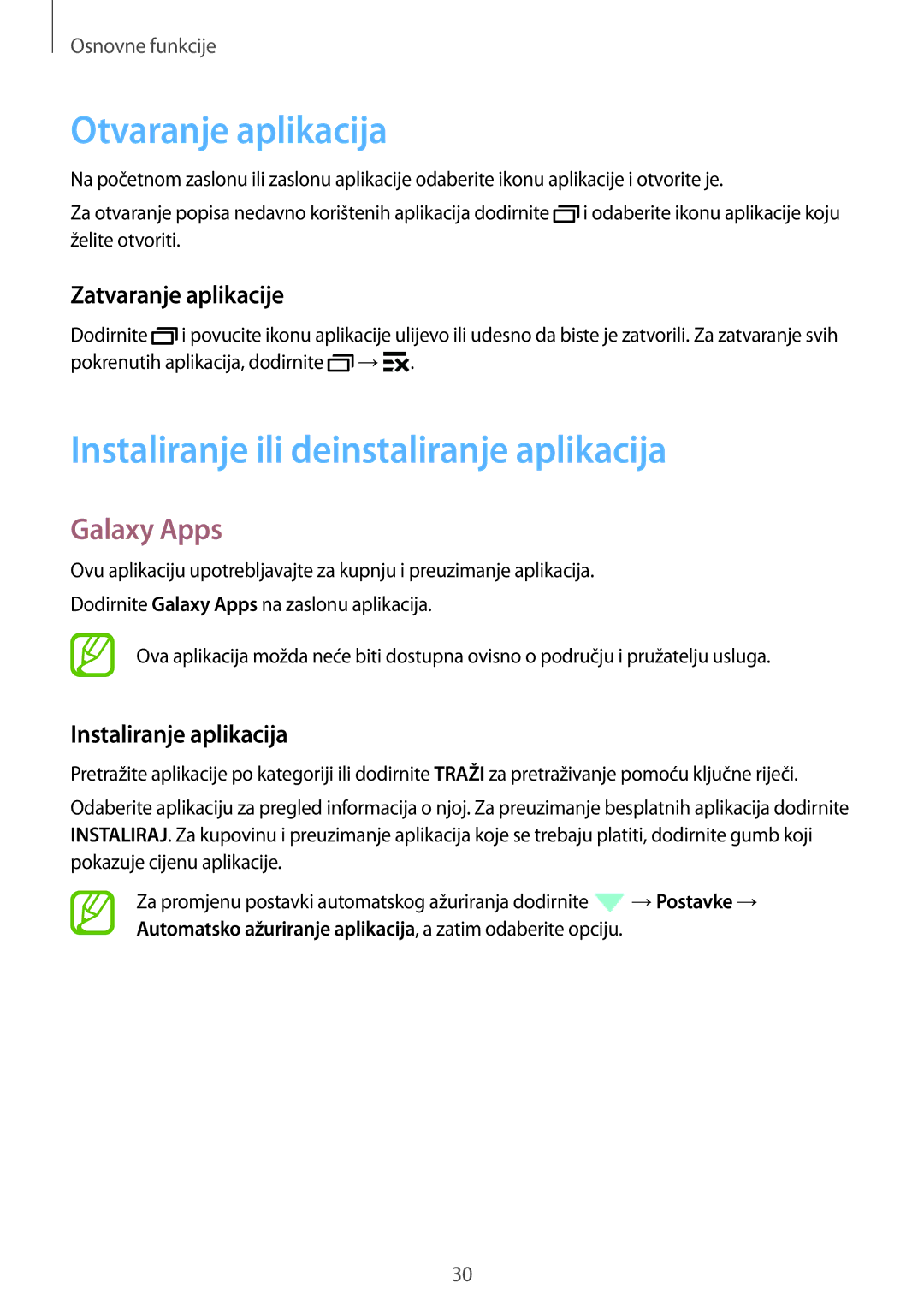 Samsung SM-T705NTSASEE, SM-T705NZWASEE manual Otvaranje aplikacija, Instaliranje ili deinstaliranje aplikacija, Galaxy Apps 