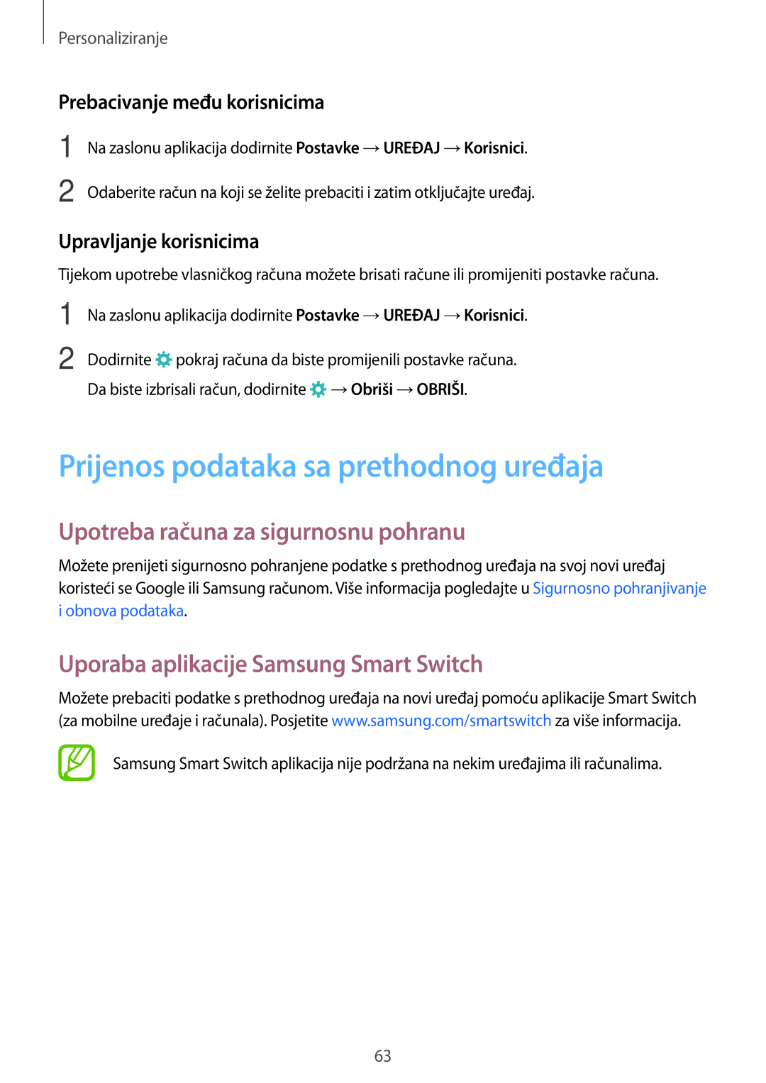 Samsung SM-T805NTSACRO, SM-T705NTSASEE manual Prijenos podataka sa prethodnog uređaja, Upotreba računa za sigurnosnu pohranu 