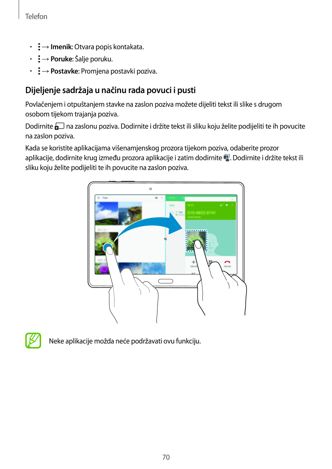 Samsung SM-T705NTSASEE, SM-T705NZWASEE, SM-T805NTSAVIP, SM-T805NTSACRO manual Dijeljenje sadržaja u načinu rada povuci i pusti 