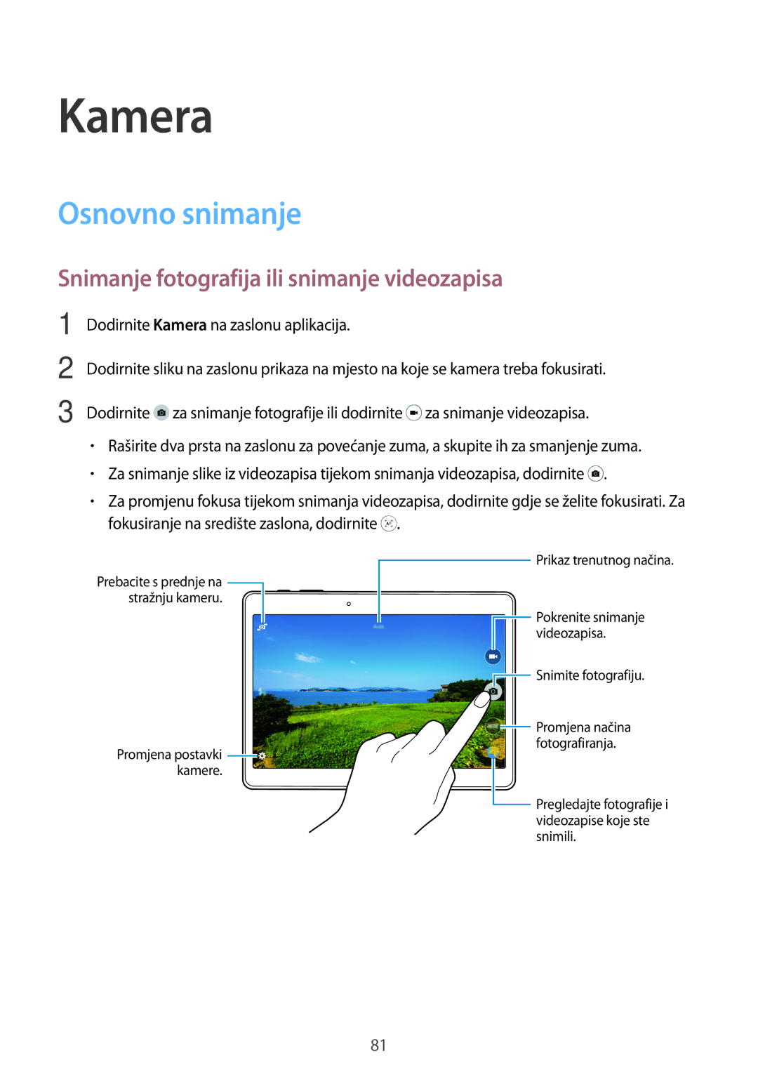 Samsung SM-T705NZWASEE, SM-T705NTSASEE manual Kamera, Osnovno snimanje, Snimanje fotografija ili snimanje videozapisa 