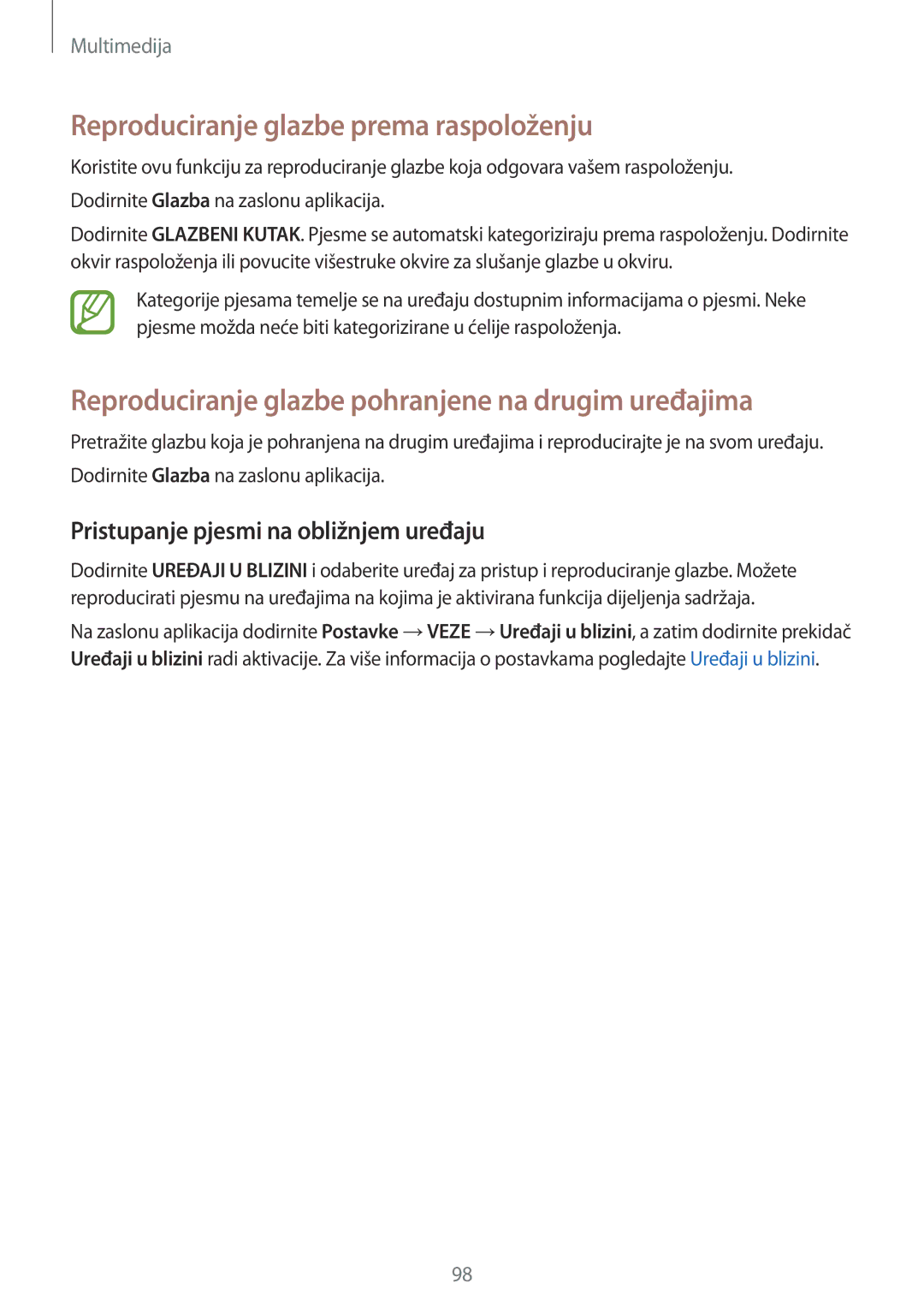 Samsung SM-T805NTSACRO Reproduciranje glazbe prema raspoloženju, Reproduciranje glazbe pohranjene na drugim uređajima 