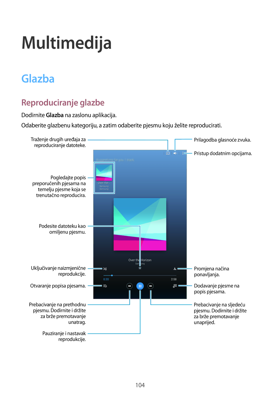 Samsung SM-T705NTSASEE, SM-T705NZWASEE manual Multimedija, Glazba, Reproduciranje glazbe 