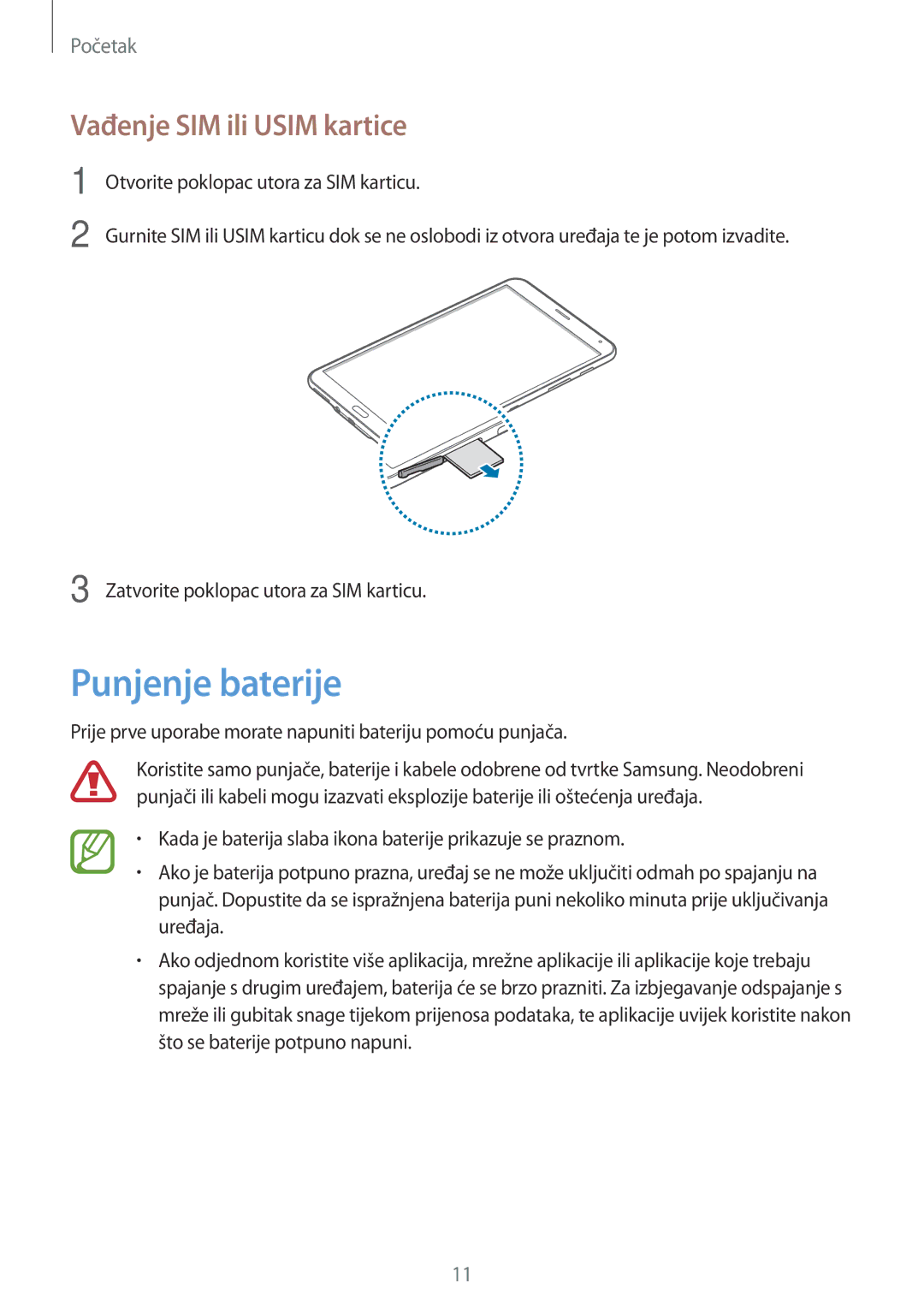 Samsung SM-T705NZWASEE, SM-T705NTSASEE manual Punjenje baterije, Vađenje SIM ili Usim kartice 