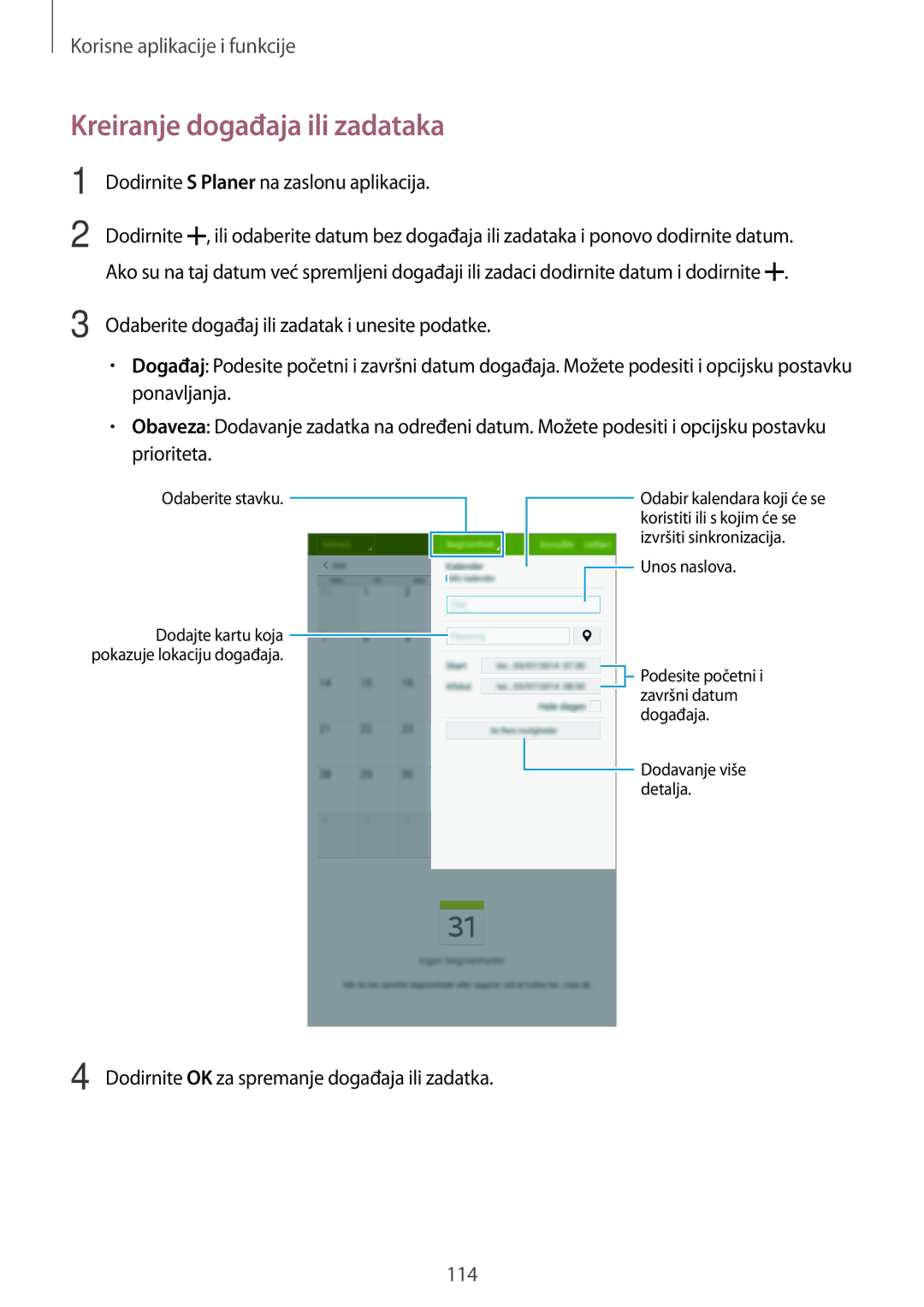 Samsung SM-T705NTSASEE, SM-T705NZWASEE manual Kreiranje događaja ili zadataka, Dodirnite S Planer na zaslonu aplikacija 