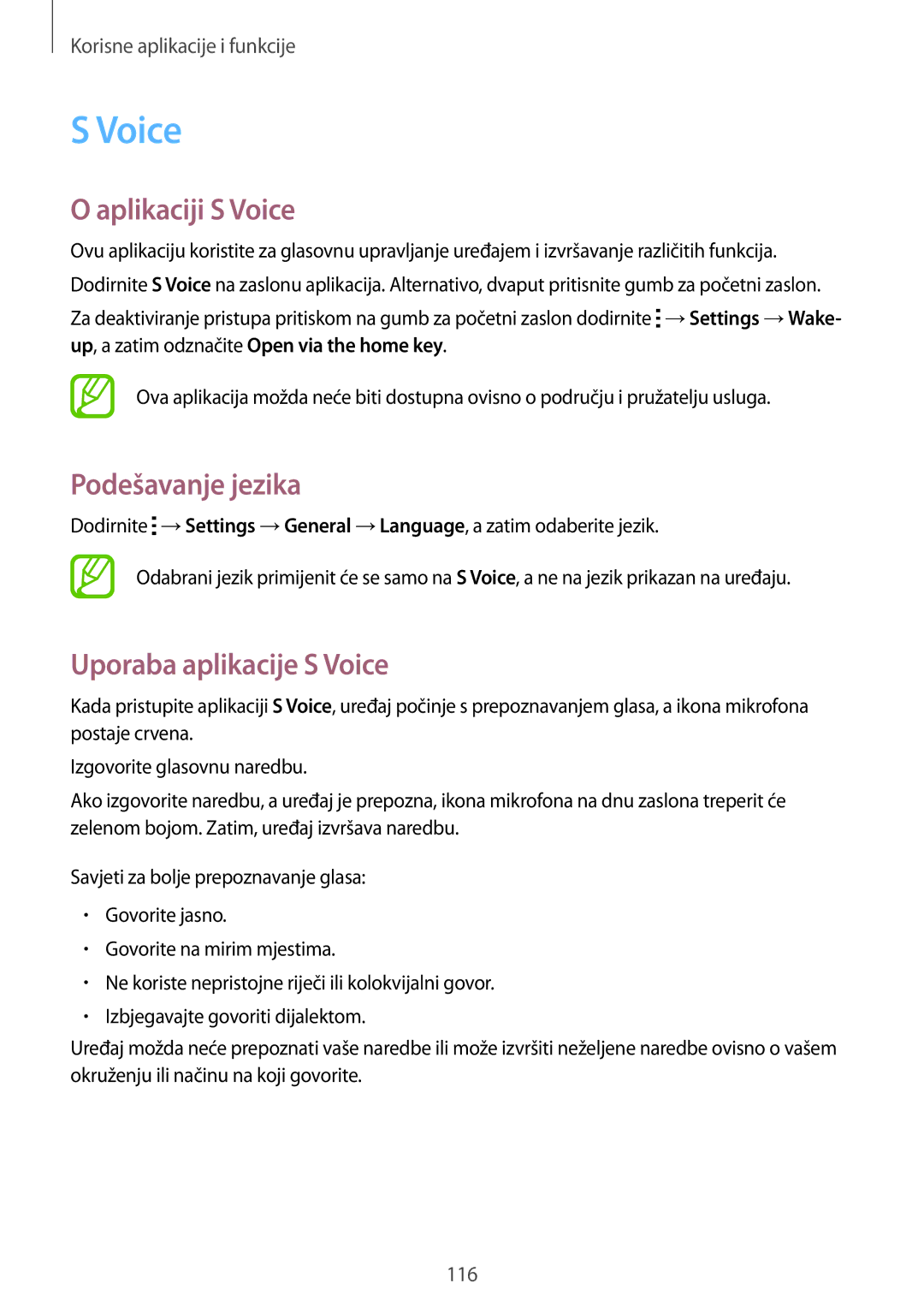 Samsung SM-T705NTSASEE, SM-T705NZWASEE manual Aplikaciji S Voice, Podešavanje jezika, Uporaba aplikacije S Voice 
