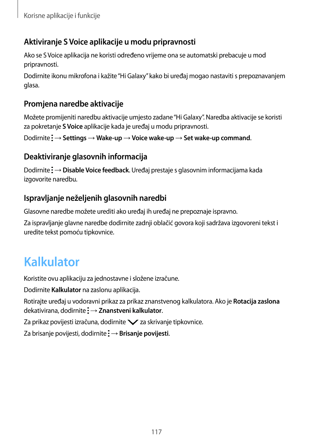 Samsung SM-T705NZWASEE manual Kalkulator, Aktiviranje S Voice aplikacije u modu pripravnosti, Promjena naredbe aktivacije 