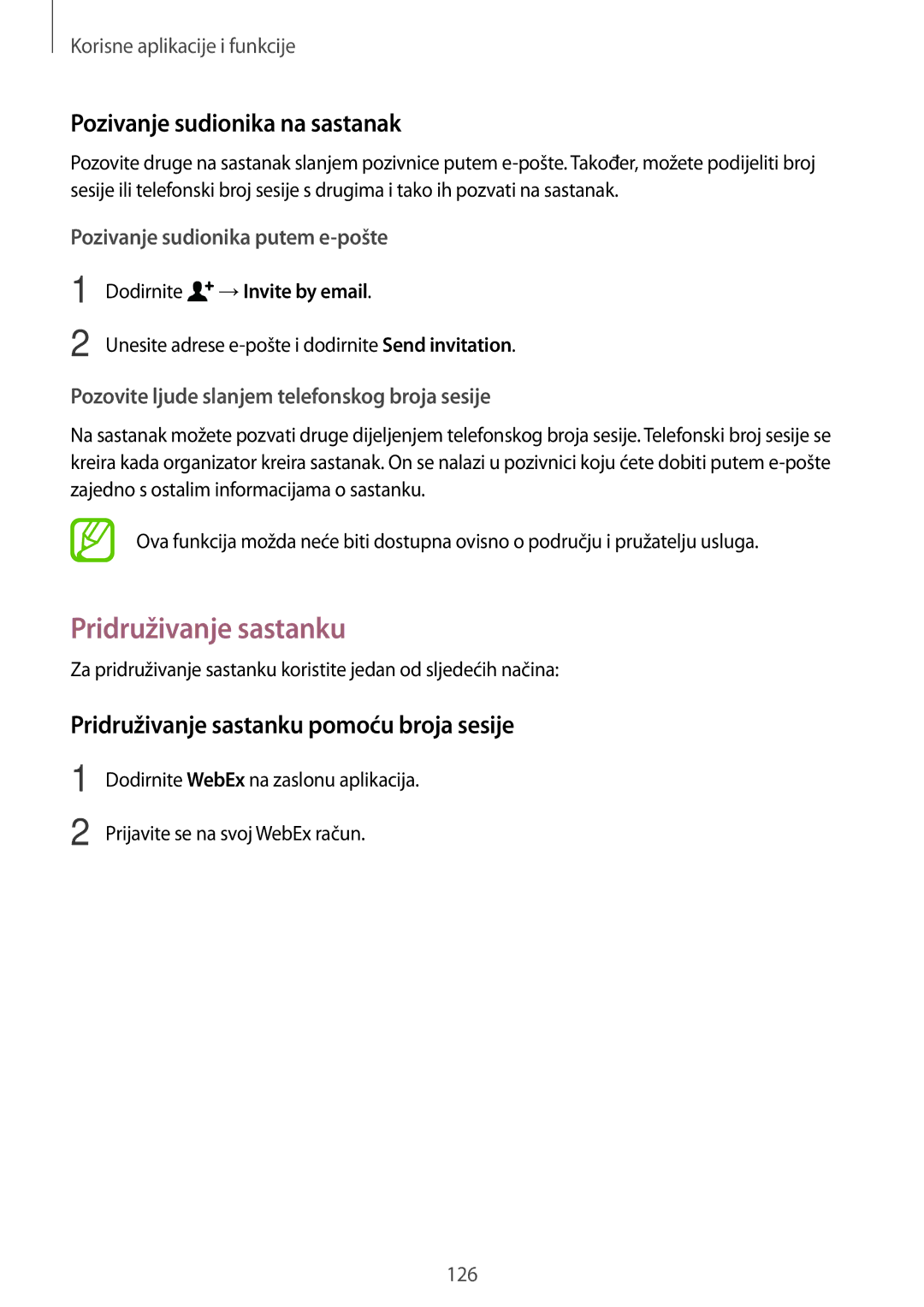 Samsung SM-T705NTSASEE Pozivanje sudionika na sastanak, Pridruživanje sastanku pomoću broja sesije, →Invite by email 