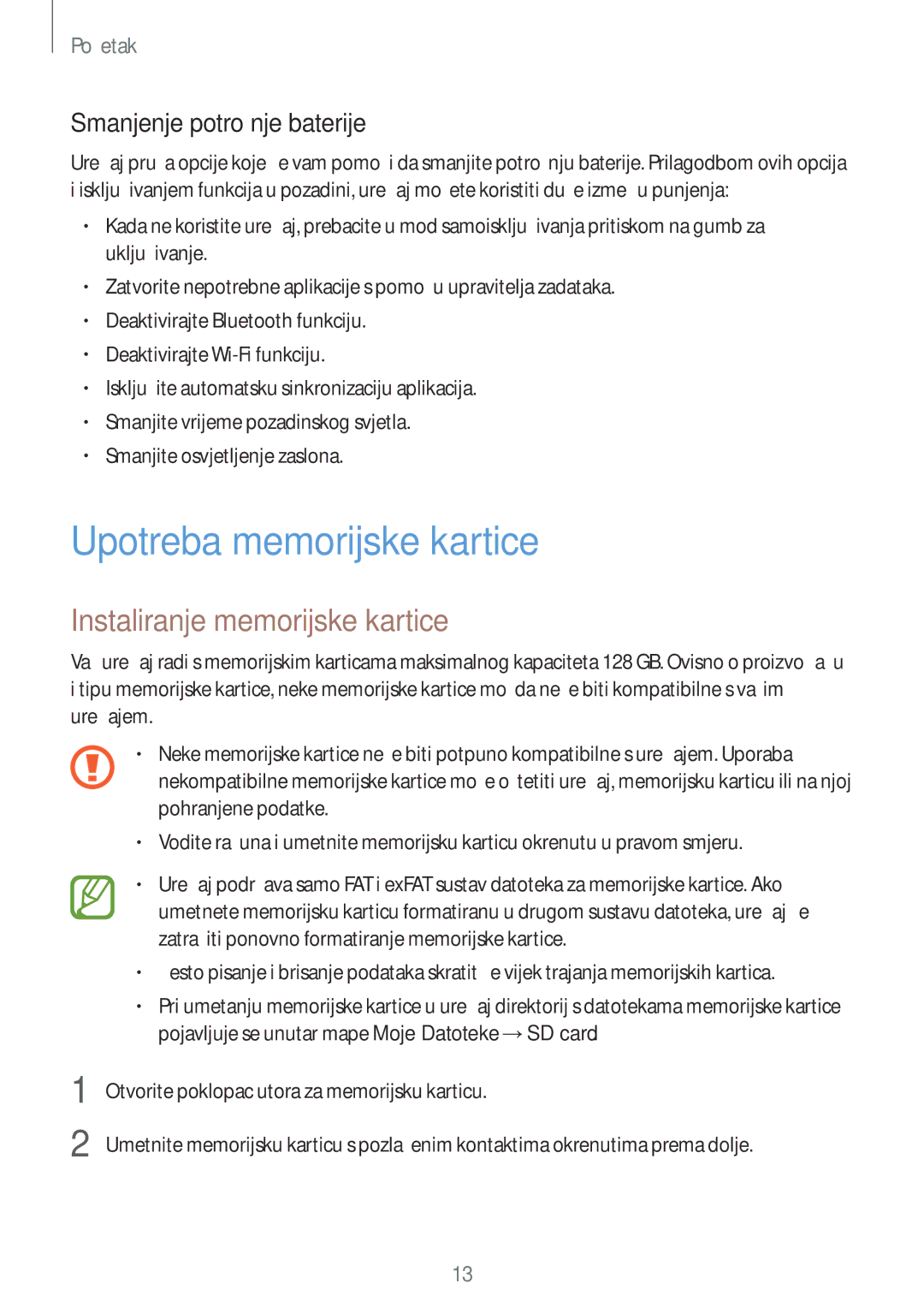 Samsung SM-T705NZWASEE manual Upotreba memorijske kartice, Instaliranje memorijske kartice, Smanjenje potrošnje baterije 