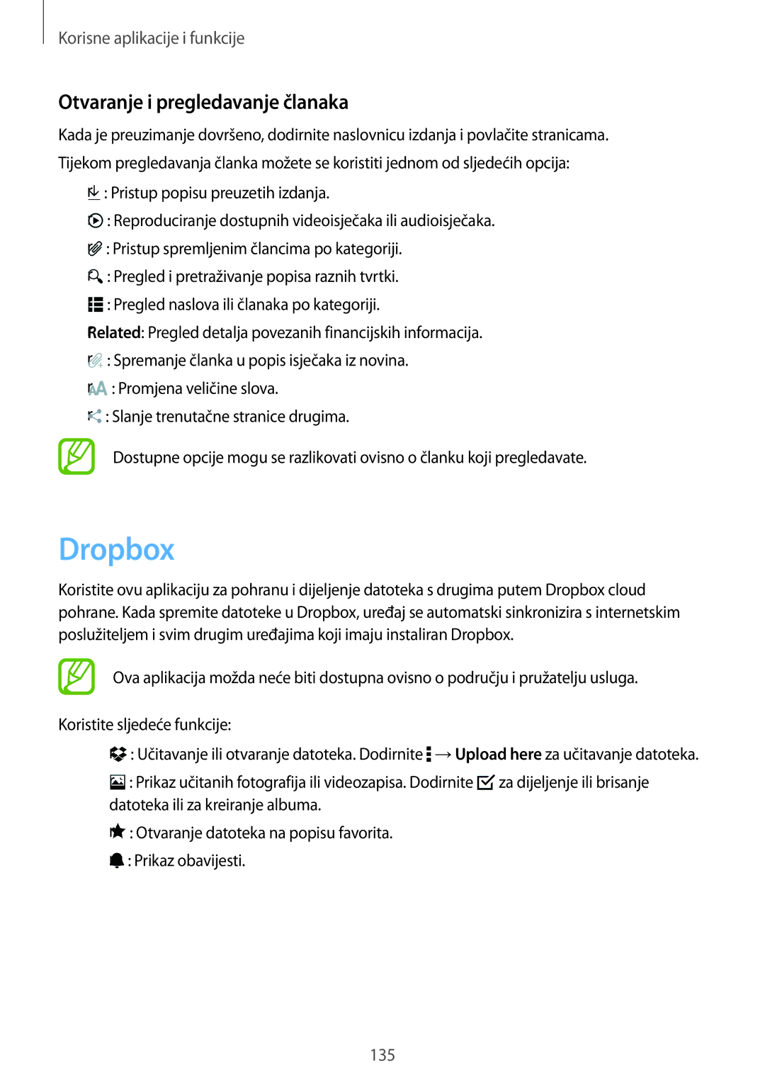 Samsung SM-T705NZWASEE, SM-T705NTSASEE manual Dropbox, Otvaranje i pregledavanje članaka 