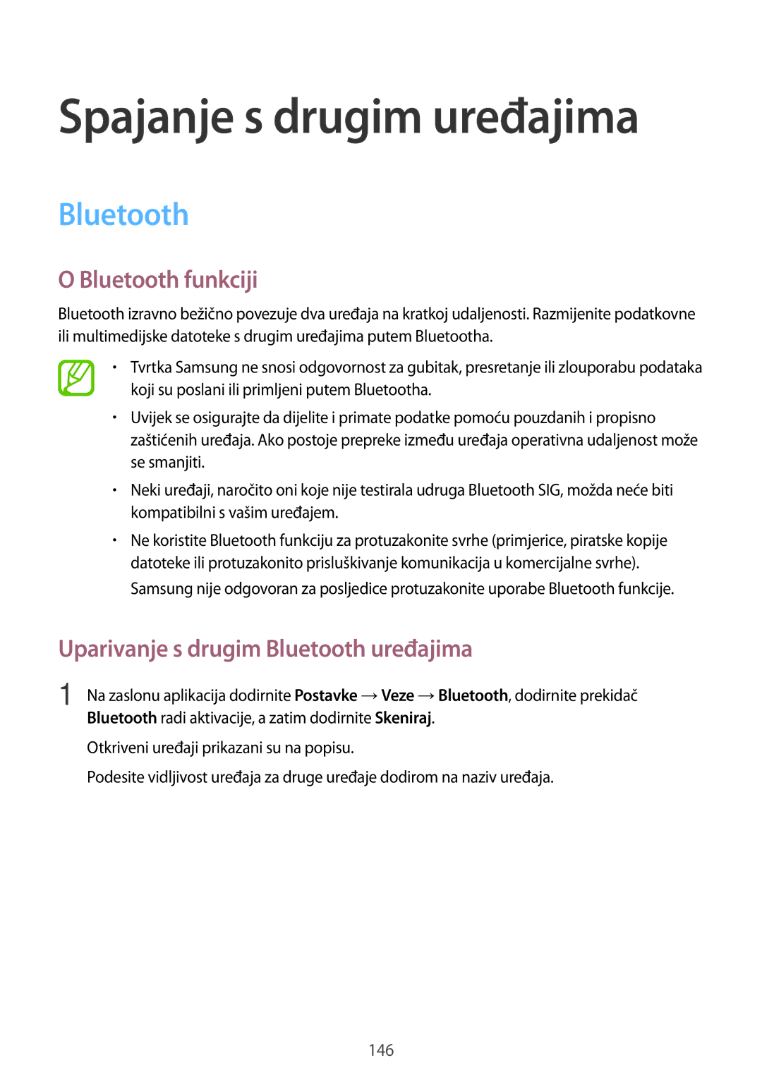 Samsung SM-T705NTSASEE manual Spajanje s drugim uređajima, Bluetooth funkciji, Uparivanje s drugim Bluetooth uređajima 