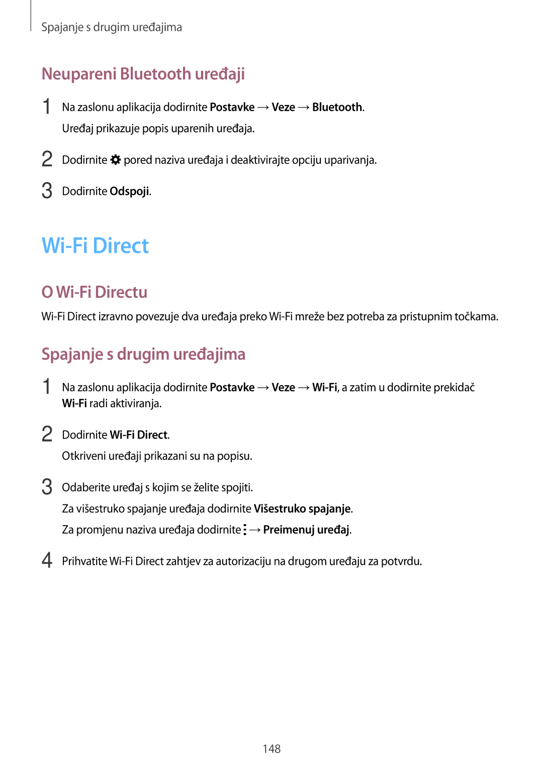 Samsung SM-T705NTSASEE Neupareni Bluetooth uređaji, Wi-Fi Directu, Spajanje s drugim uređajima, Dodirnite Wi-Fi Direct 