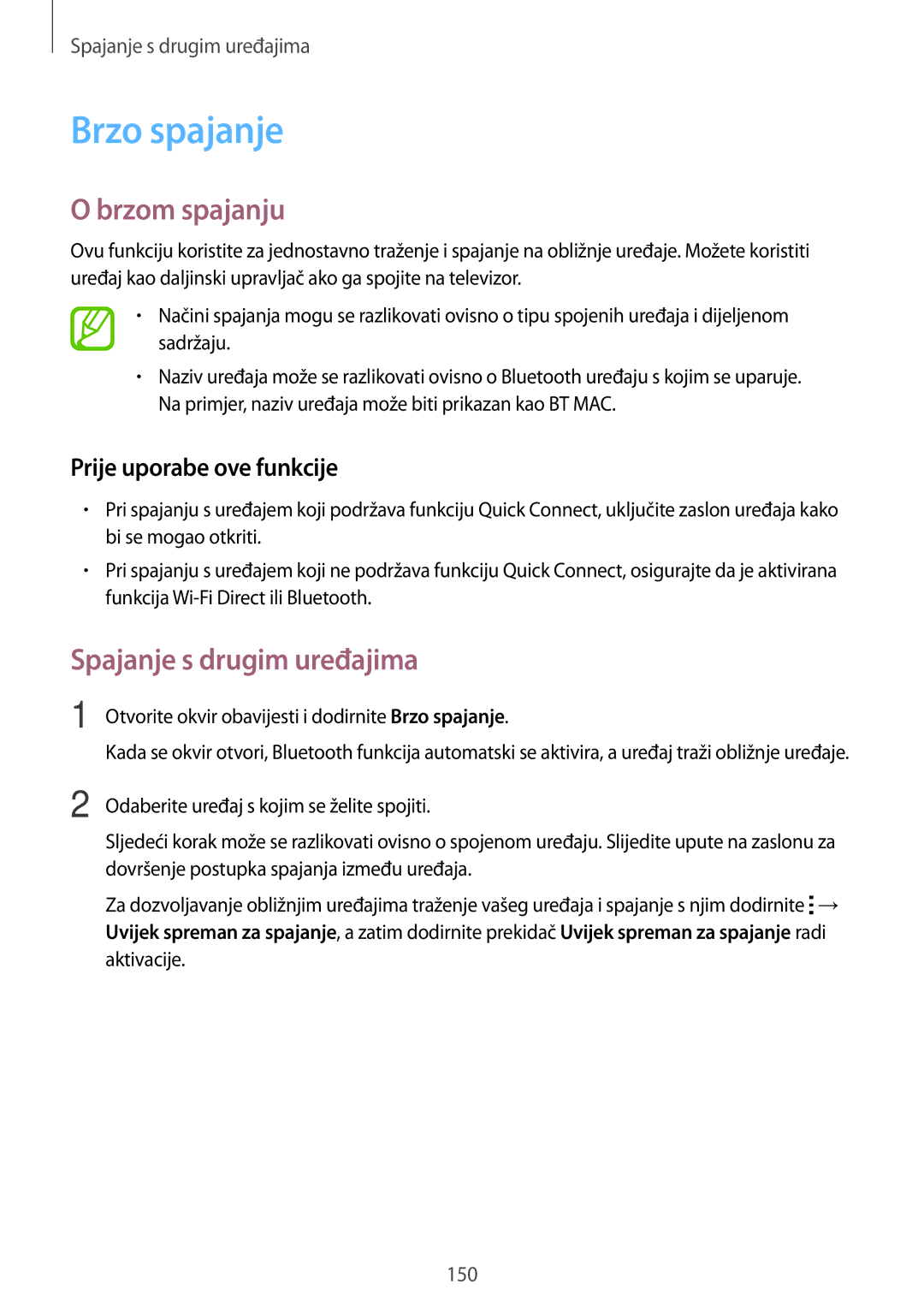 Samsung SM-T705NTSASEE, SM-T705NZWASEE manual Brzo spajanje, Brzom spajanju, Prije uporabe ove funkcije 