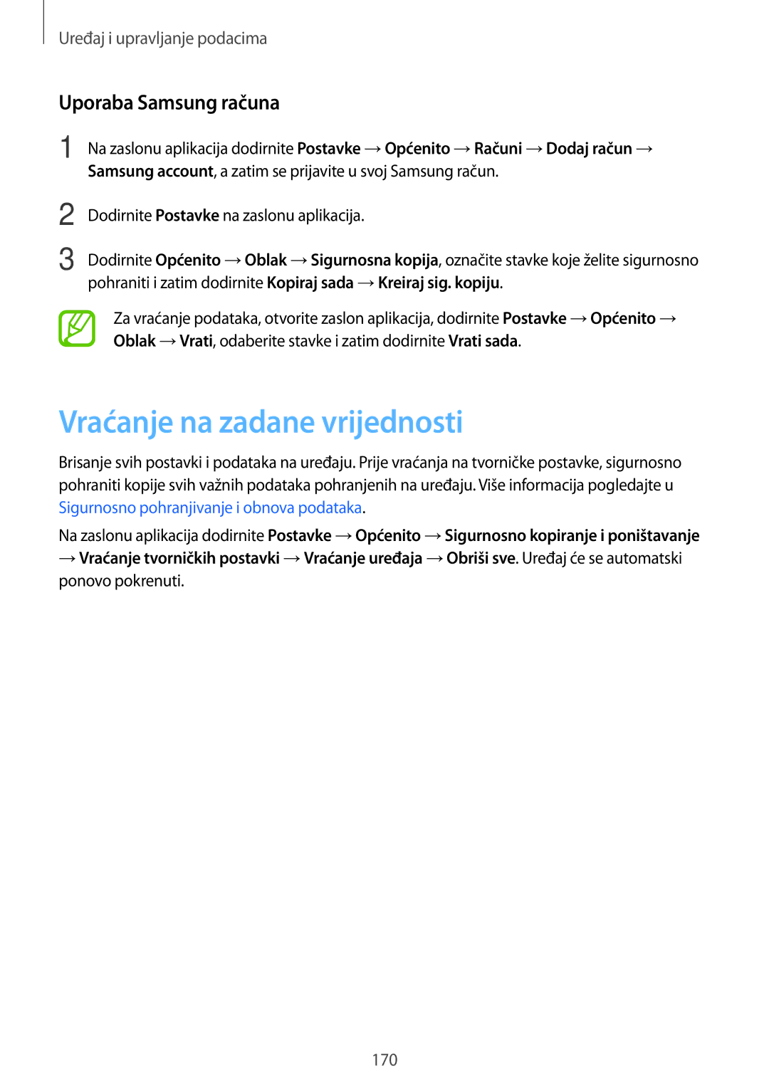 Samsung SM-T705NTSASEE, SM-T705NZWASEE manual Vraćanje na zadane vrijednosti, Uporaba Samsung računa 