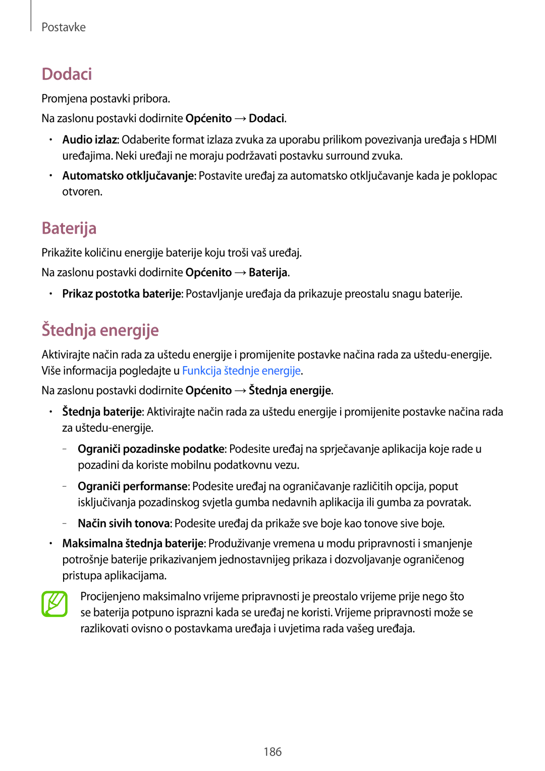 Samsung SM-T705NTSASEE, SM-T705NZWASEE manual Dodaci, Baterija, Štednja energije 