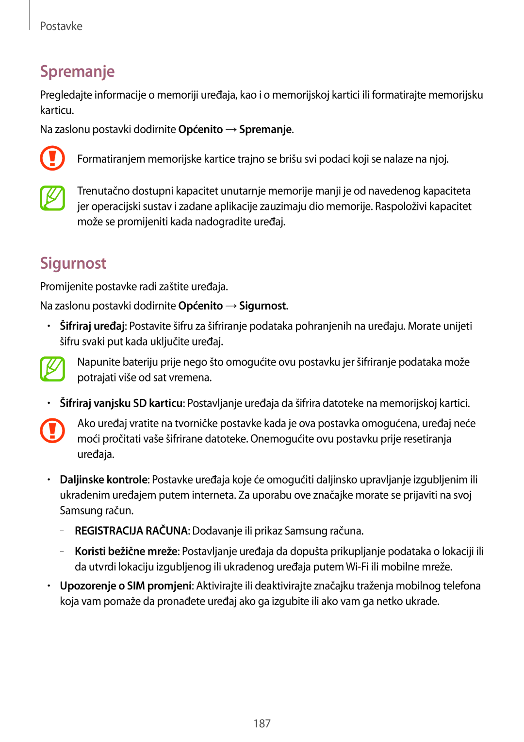 Samsung SM-T705NZWASEE, SM-T705NTSASEE manual Spremanje, Sigurnost 