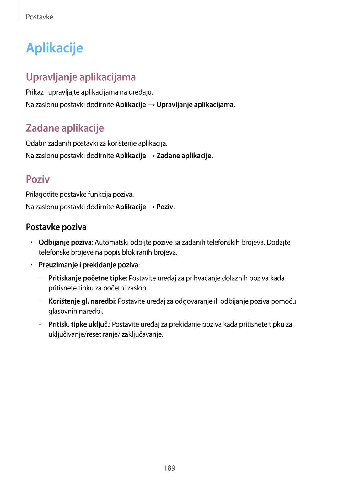 Samsung SM-T705NZWASEE manual Aplikacije, Zadane aplikacije, Poziv, Postavke poziva, Preuzimanje i prekidanje poziva 