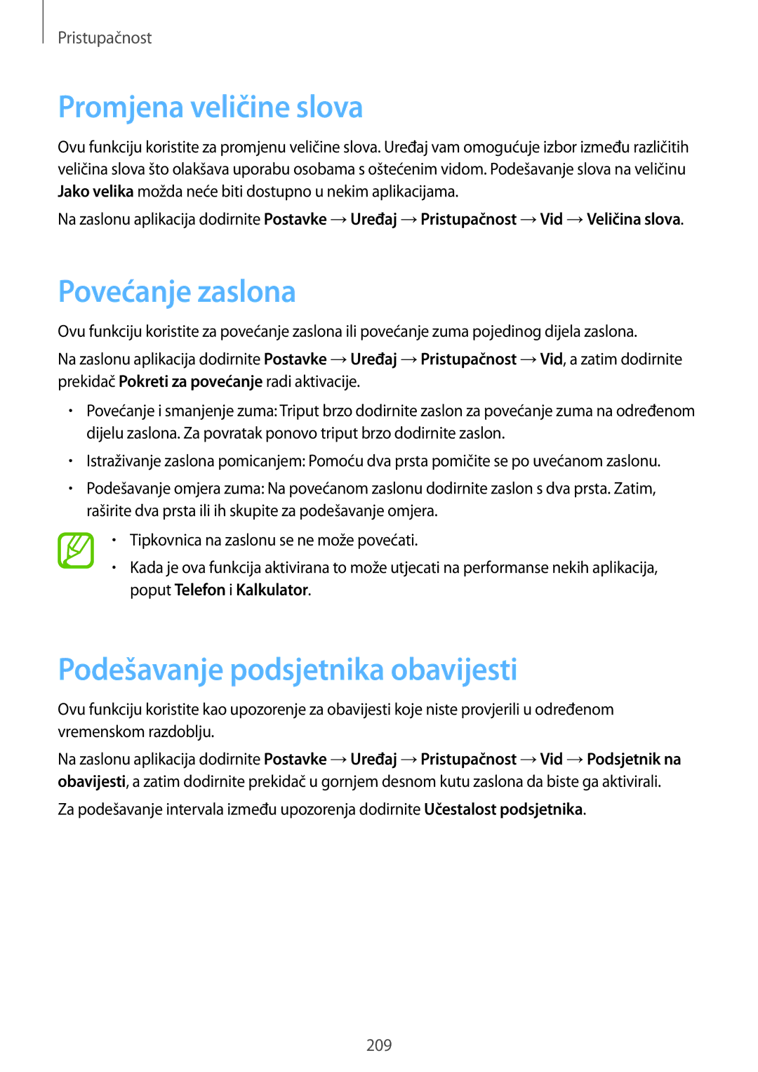 Samsung SM-T705NZWASEE, SM-T705NTSASEE manual Promjena veličine slova, Povećanje zaslona, Podešavanje podsjetnika obavijesti 