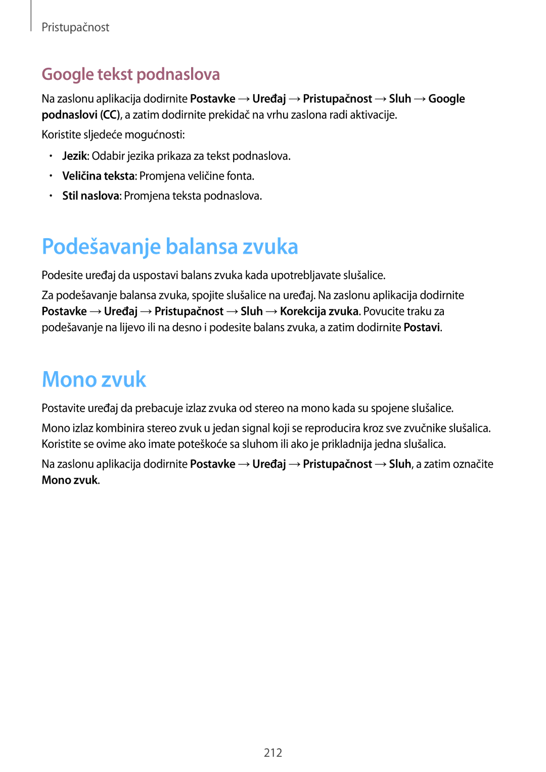 Samsung SM-T705NTSASEE, SM-T705NZWASEE manual Podešavanje balansa zvuka, Mono zvuk, Google tekst podnaslova 