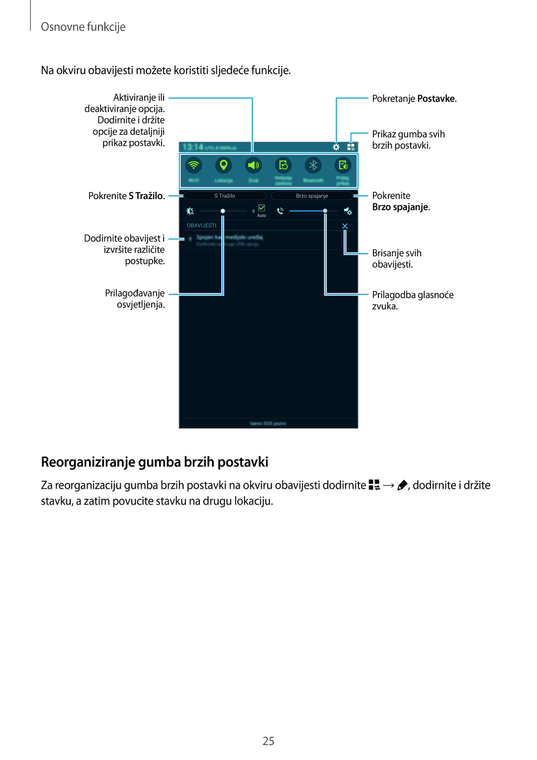 Samsung SM-T705NZWASEE manual Reorganiziranje gumba brzih postavki, Na okviru obavijesti možete koristiti sljedeće funkcije 