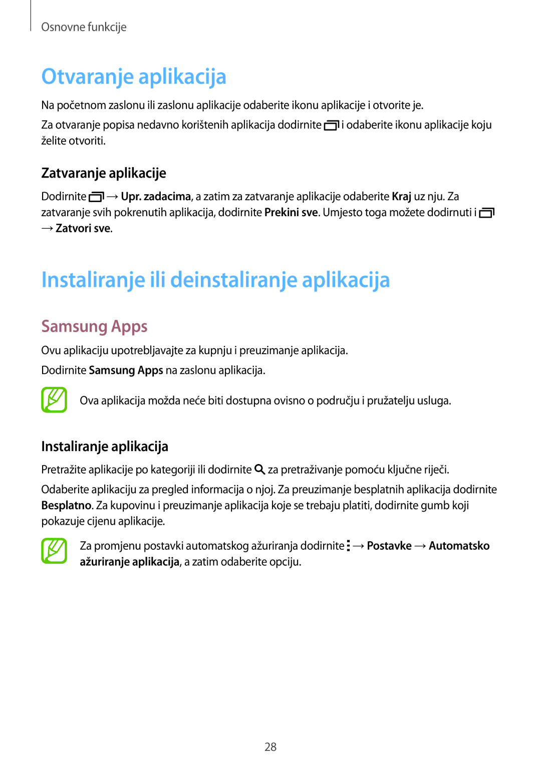 Samsung SM-T705NTSASEE, SM-T705NZWASEE manual Otvaranje aplikacija, Instaliranje ili deinstaliranje aplikacija, Samsung Apps 