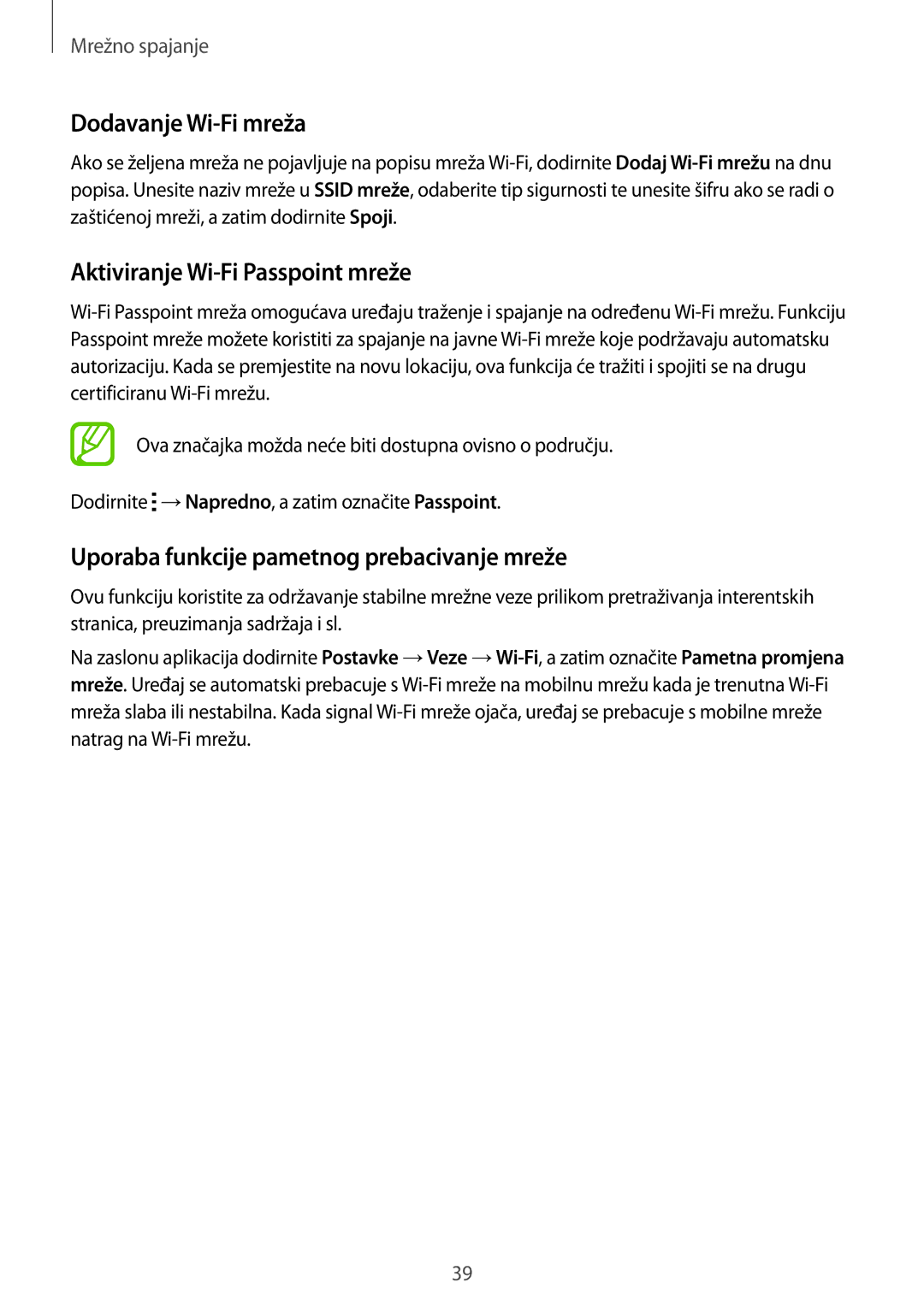 Samsung SM-T705NZWASEE, SM-T705NTSASEE manual Dodavanje Wi-Fi mreža, Aktiviranje Wi-Fi Passpoint mreže 