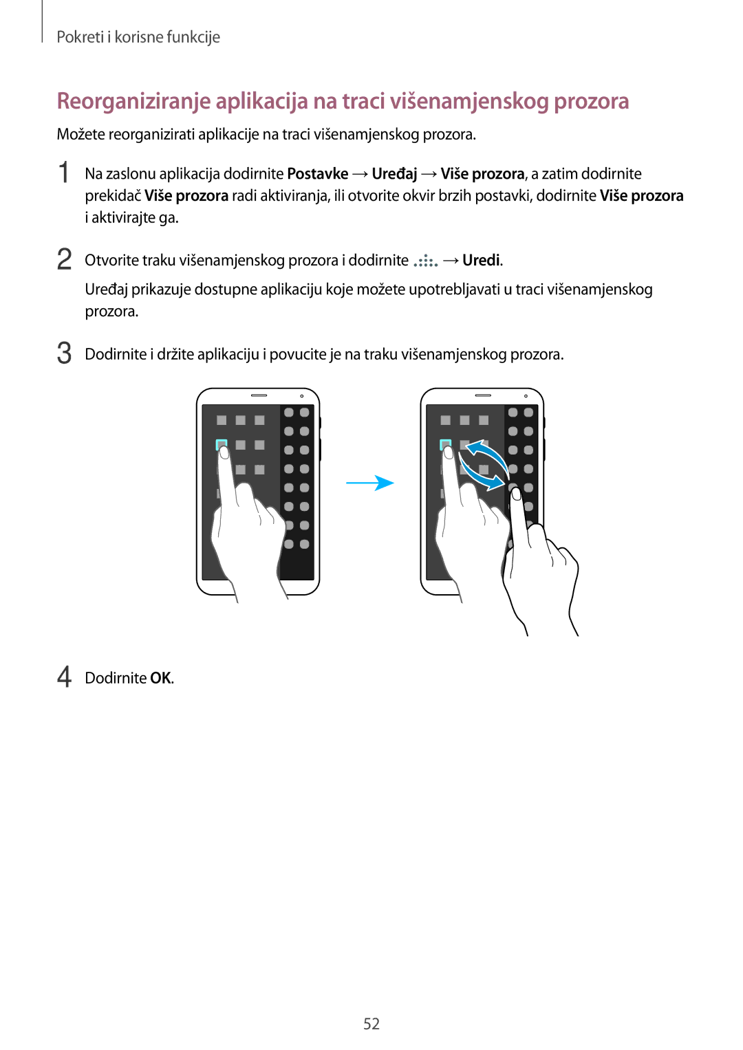 Samsung SM-T705NTSASEE, SM-T705NZWASEE manual Reorganiziranje aplikacija na traci višenamjenskog prozora 