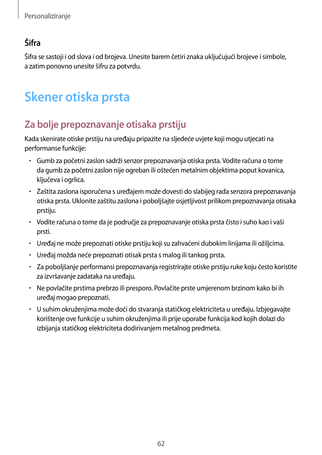 Samsung SM-T705NTSASEE, SM-T705NZWASEE manual Skener otiska prsta, Za bolje prepoznavanje otisaka prstiju, Šifra 