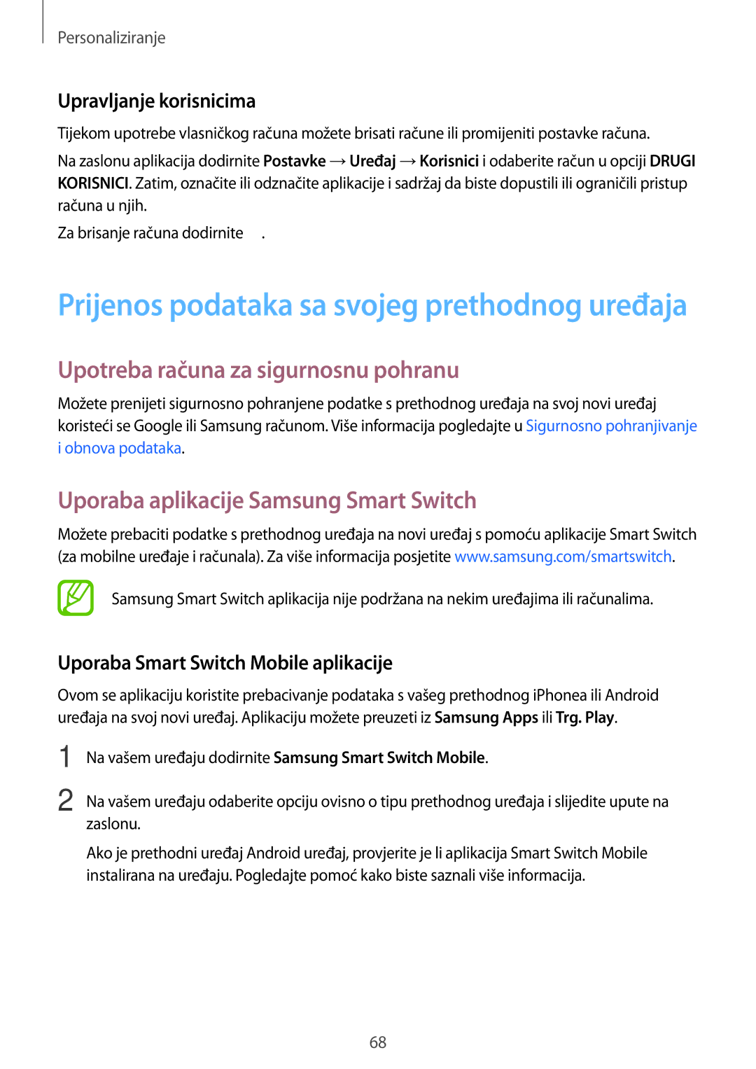 Samsung SM-T705NTSASEE, SM-T705NZWASEE manual Upotreba računa za sigurnosnu pohranu, Uporaba aplikacije Samsung Smart Switch 