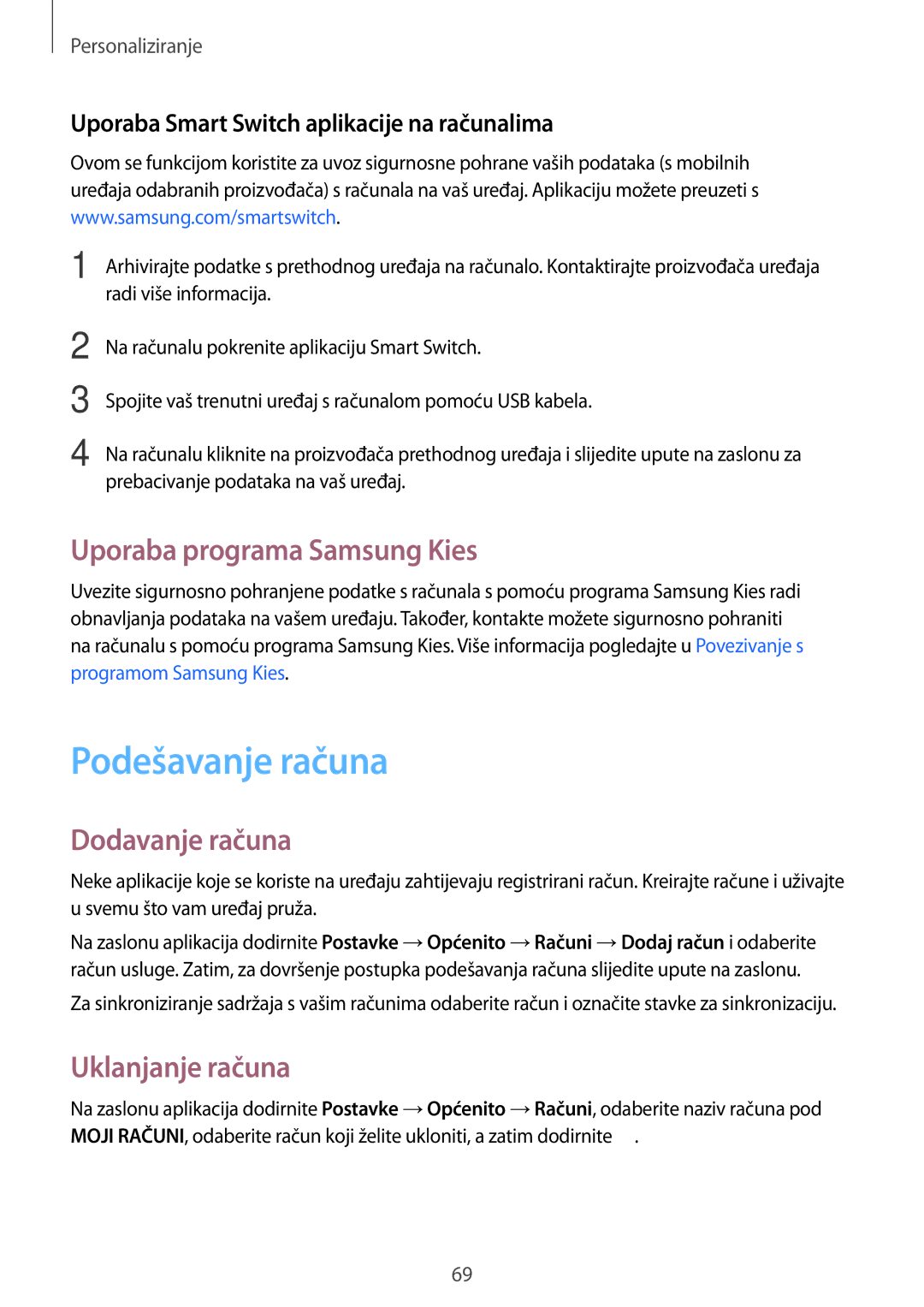 Samsung SM-T705NZWASEE manual Podešavanje računa, Uporaba programa Samsung Kies, Dodavanje računa, Uklanjanje računa 