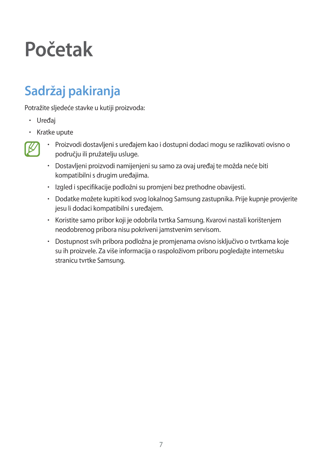 Samsung SM-T705NZWASEE, SM-T705NTSASEE manual Početak, Sadržaj pakiranja 