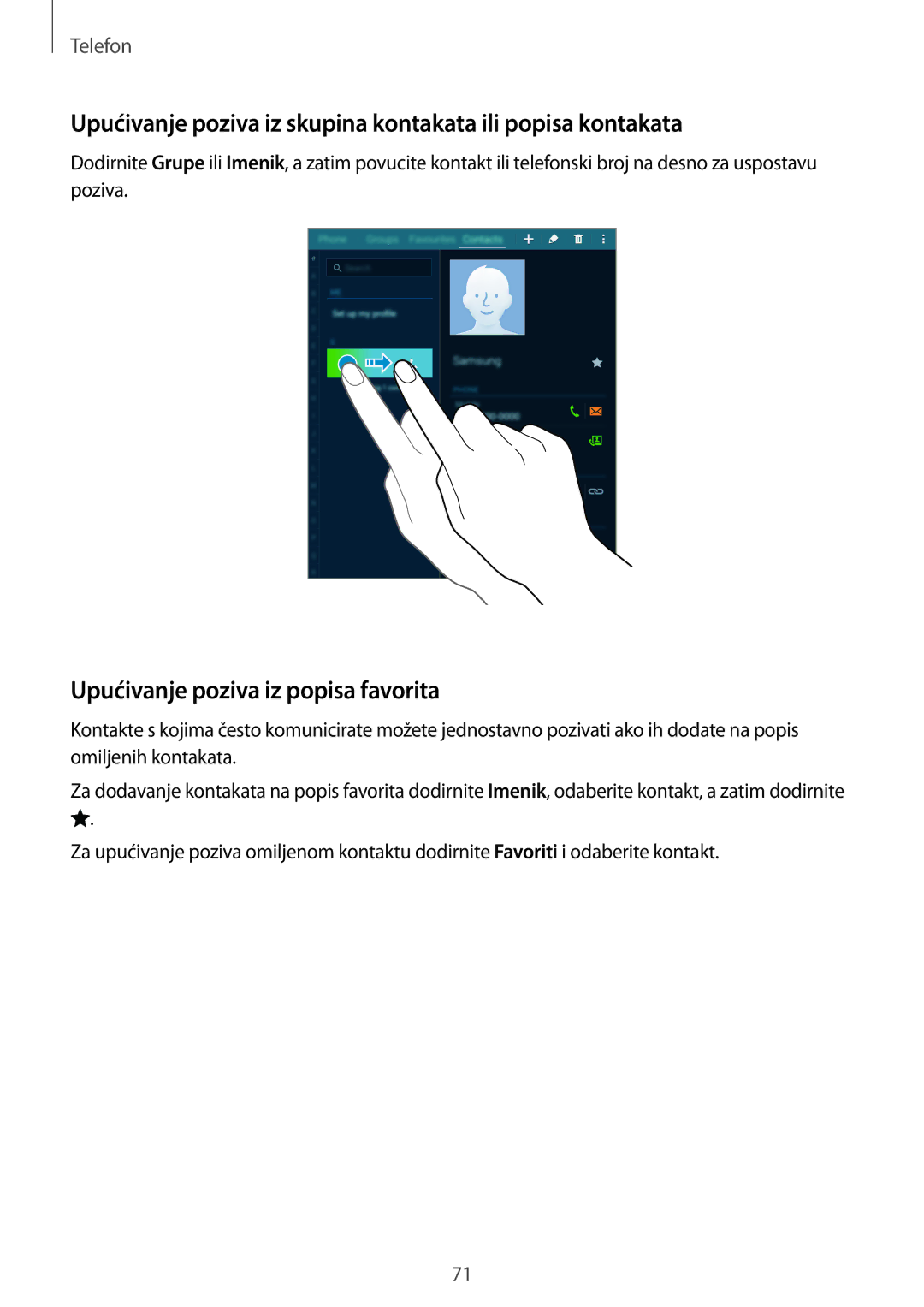 Samsung SM-T705NZWASEE Upućivanje poziva iz skupina kontakata ili popisa kontakata, Upućivanje poziva iz popisa favorita 